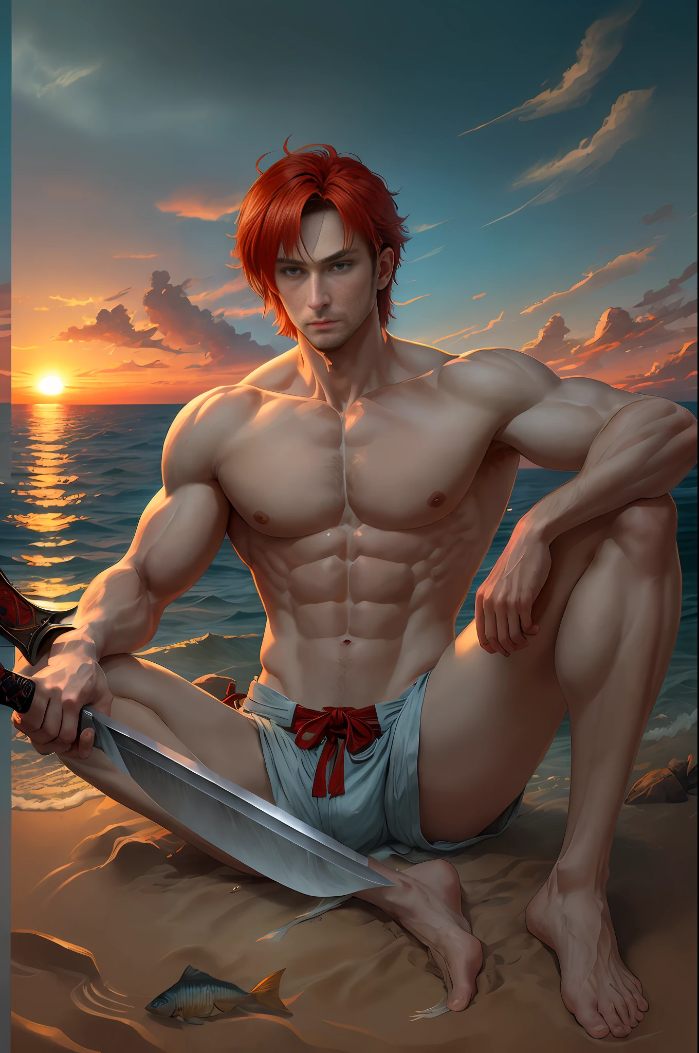 masterpiece, best quality, 1 man, man, nioh standing, red hair, grey red eyes, forked hair, short hair, long bangs, handsome, masculine, gentle, tall, quiet, light blue trousers, prince. Sword. Japanese. Sit-up. Upper body bare skin. Sunset. In the sea. Fish. School of fish.