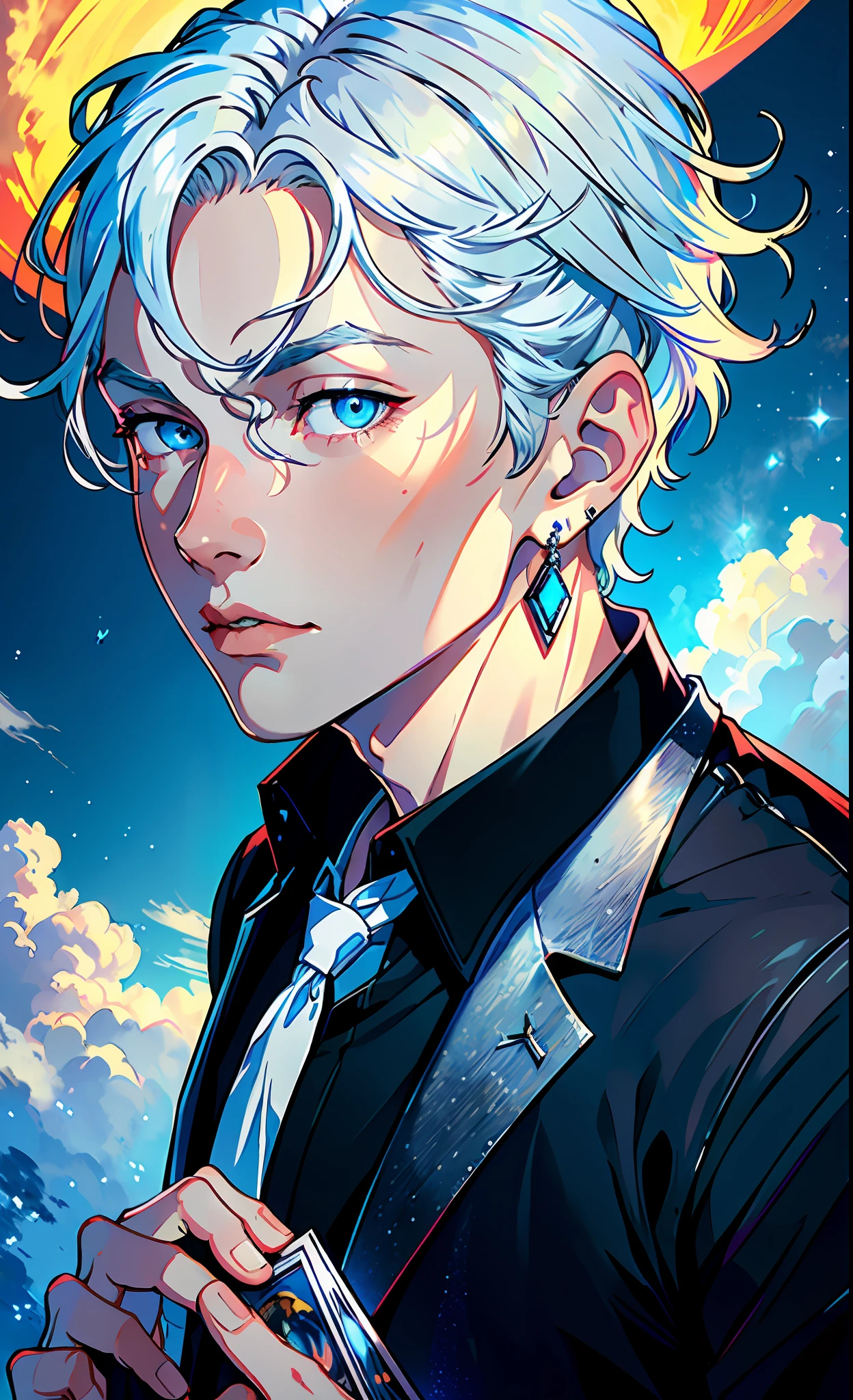 (best quality, masterpiece), portrait, 1 boy, solo, magician, (silver hair, short), (ice blue eyes), a long earring in one ear, blue medallion, black shirt, white pants, (sunset background), blue light enveloping it