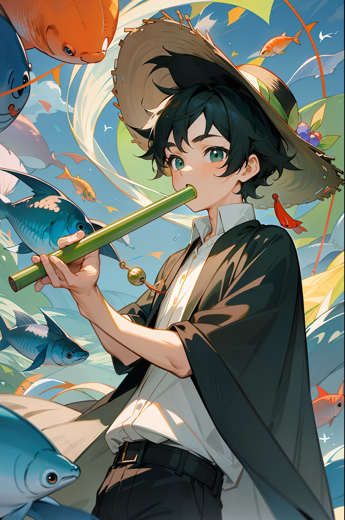 The black-haired male pupil, a , short-sleeved shorts, wearing a long cape, a straw hat with two streamers and countless wind chimes, and a green flute sits on the back of a huge fish made of water, leading more fish behind him