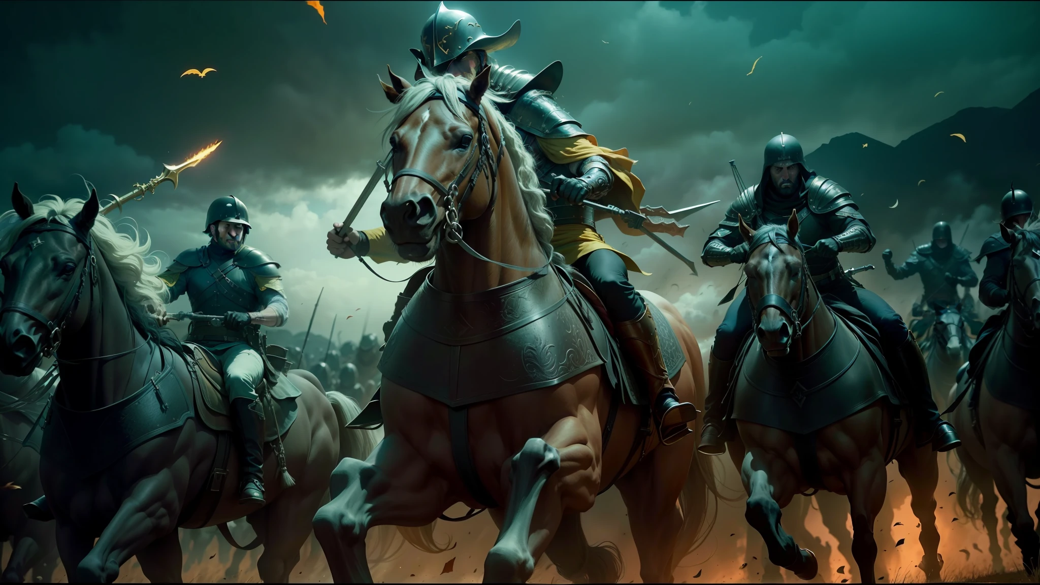 arafada image of a group of men riding horses in a field, screenshot from the film 300, metal album cover art, still from a music video, grimdark vibes, siege, trench crossing, sacred images, by Kamāl ud-Dīn Behzād