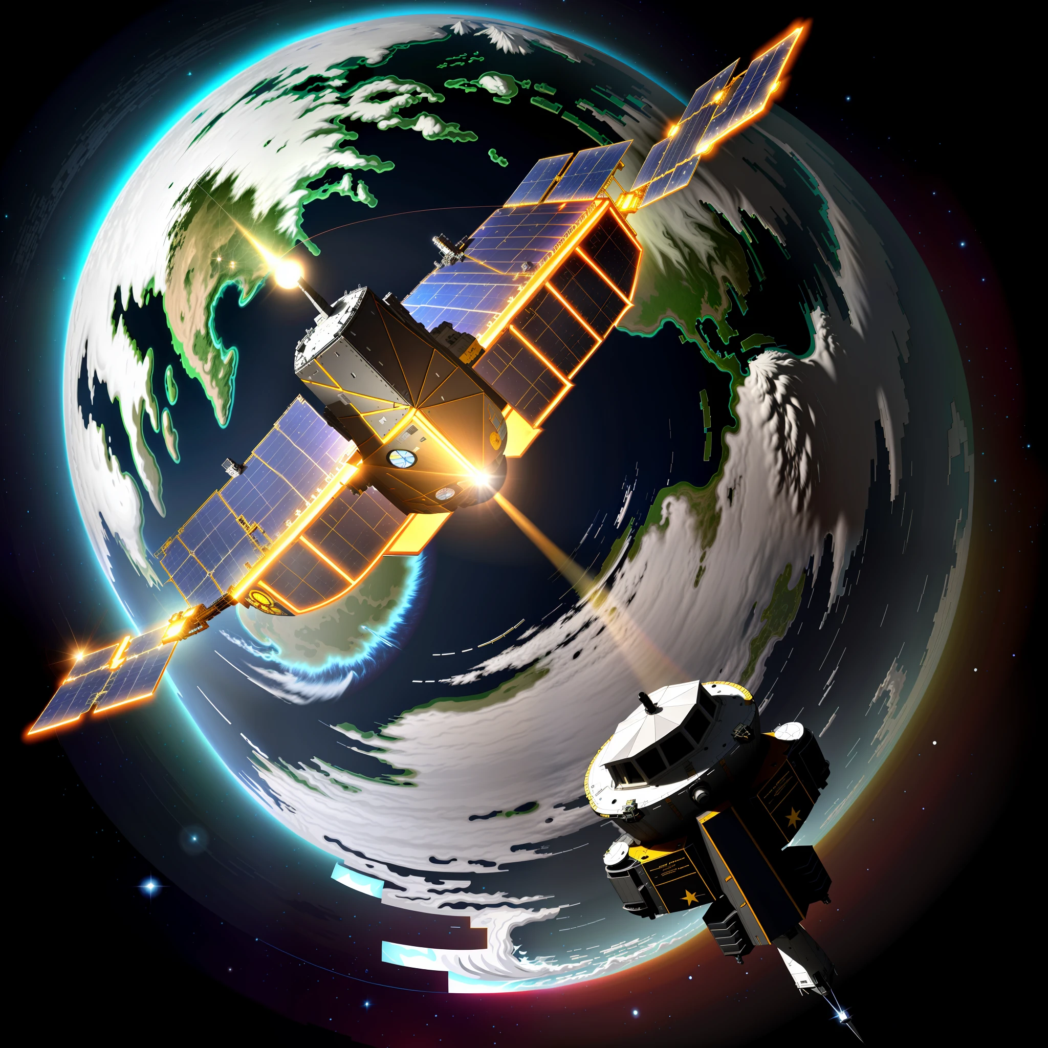 vector illustration, a satellite made by vectors, well detailed satellite, high contrast, high quality, 4k, vector, logo design