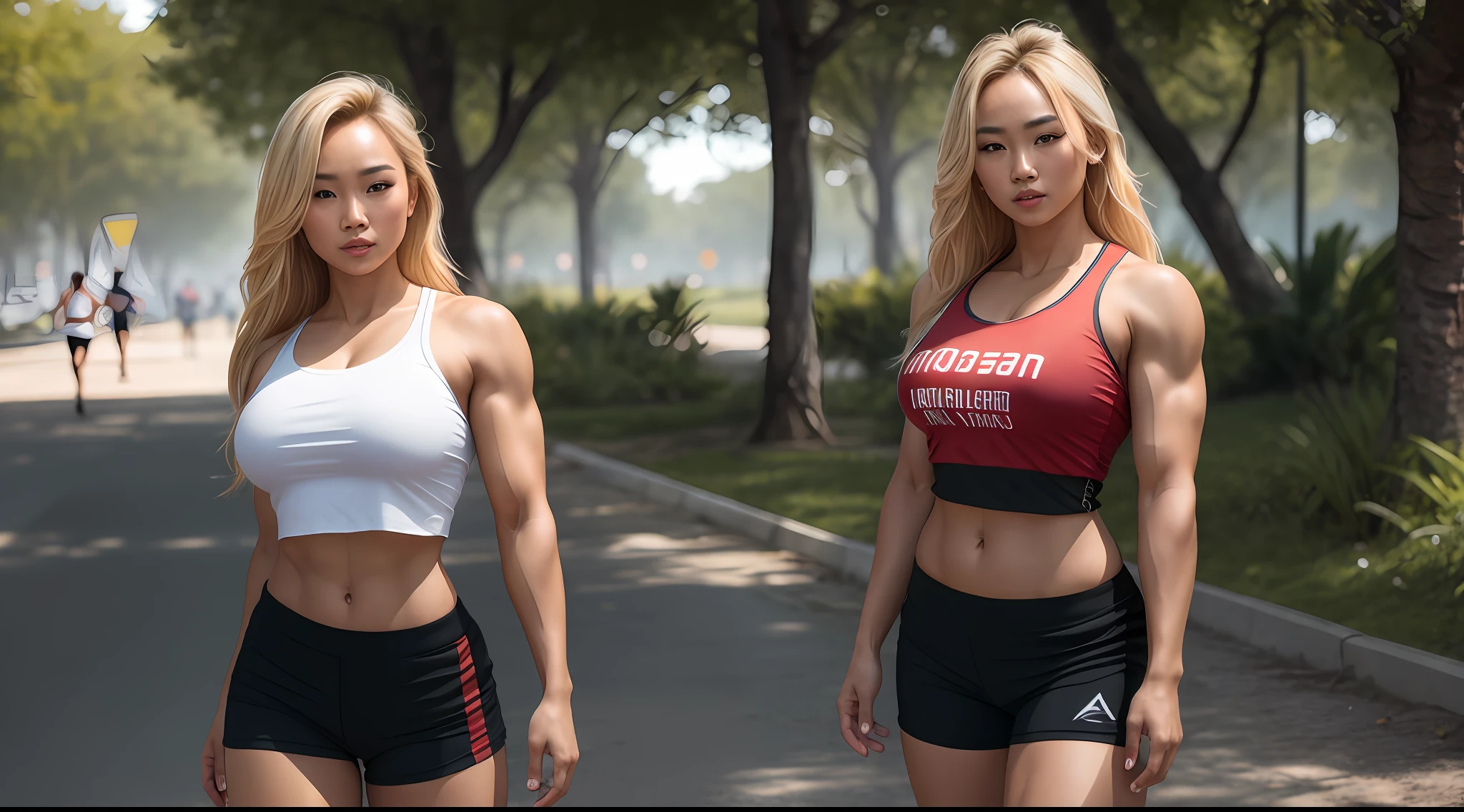 A beautiful young Thai woman with blond hair and bodybuilder physic, large breasts, wearing a torn t-shirt, jogging in the park, full body including legs, photorealistic, photo, masterpiece, realistic, realism, photorealism, high contrast, photorealistic digital art trending on Artstation 8k HD high definition detailed realistic, detailed, skin texture, hyper detailed, realistic skin texture, armature, best quality, ultra high res, (photorealistic:1.4), high resolution, detailed, raw photo, sharp re, by lee jeffries nikon d850 film stock photograph 4 kodak portra 400 camera f1.6 lens rich colors hyper realistic lifelike texture dramatic lighting unrealengine trending on artstation cinestill 800,
