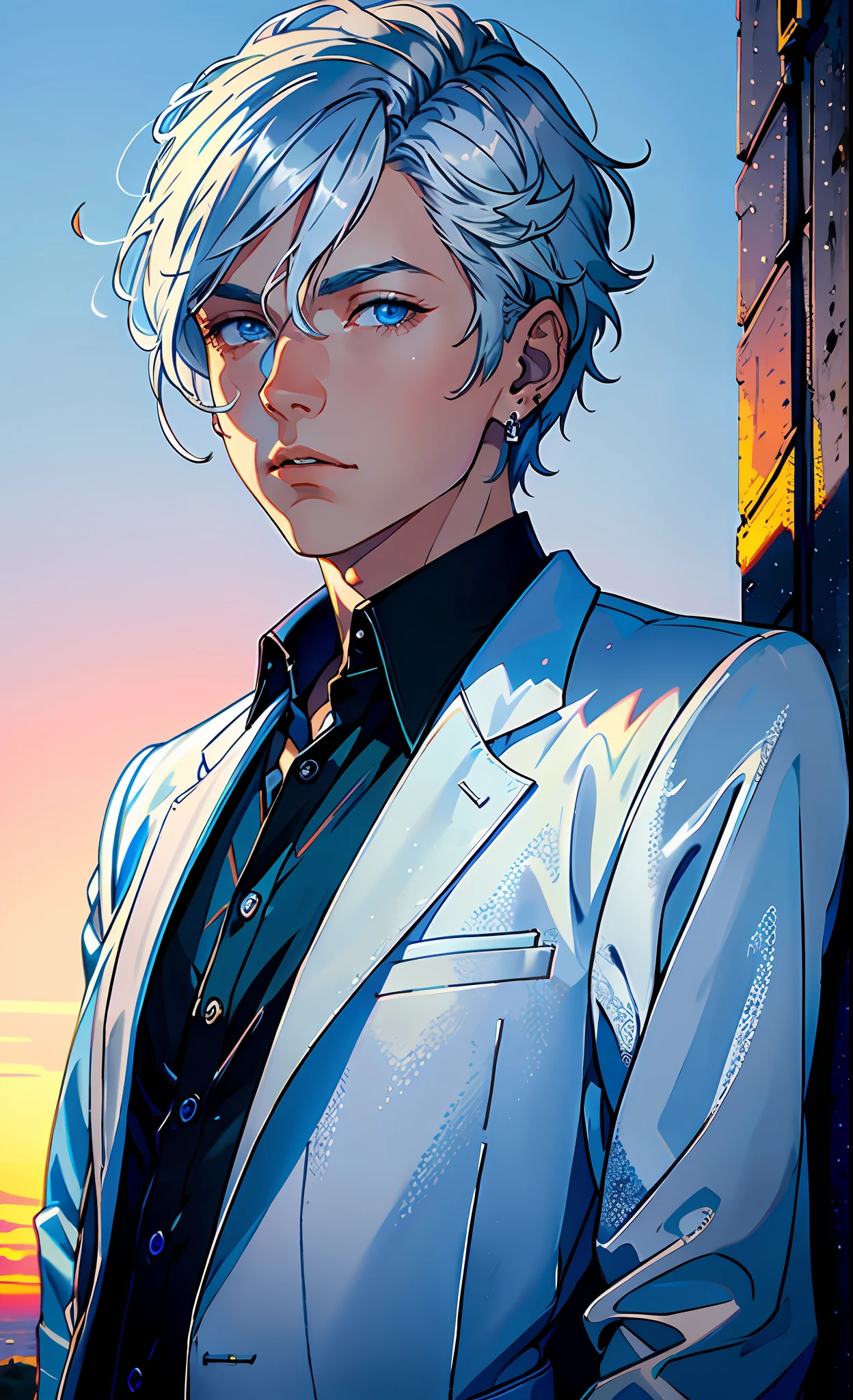 (best quality, masterpiece), portrait, 1 boy, solo, magician, (silver hair, short), (ice blue eyes), a long earring in one ear, blue medallion, black shirt, white pants, (sunset background), blue light enveloping it
