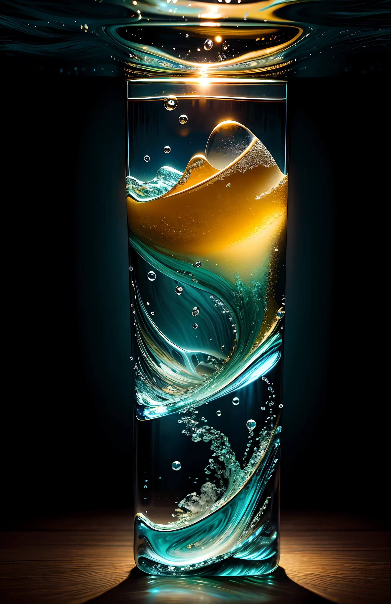 Sea in a bottle, waves, real, refraction of atmospheric light, by Lee Jeffries Nikon D850 Film Stock Photo 4 Kodak Portra 400 Camera f1.6 Lens Rich colors Ultra-realistic realistic textures Dramatic lighting Unreal Engine Trending at Art Station Cinestir 800, Style Glass