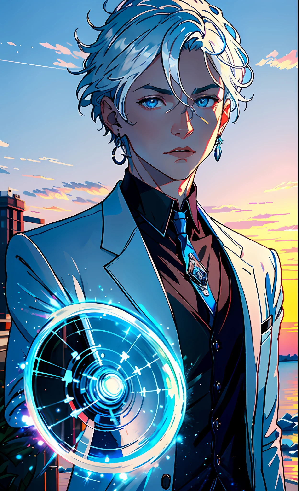 (best quality, masterpiece), portrait, 1 boy, solo, magician, (silver hair, short), (ice blue eyes), a long earring in one ear, blue medallion, black shirt, white pants, (sunset background), blue light enveloping it