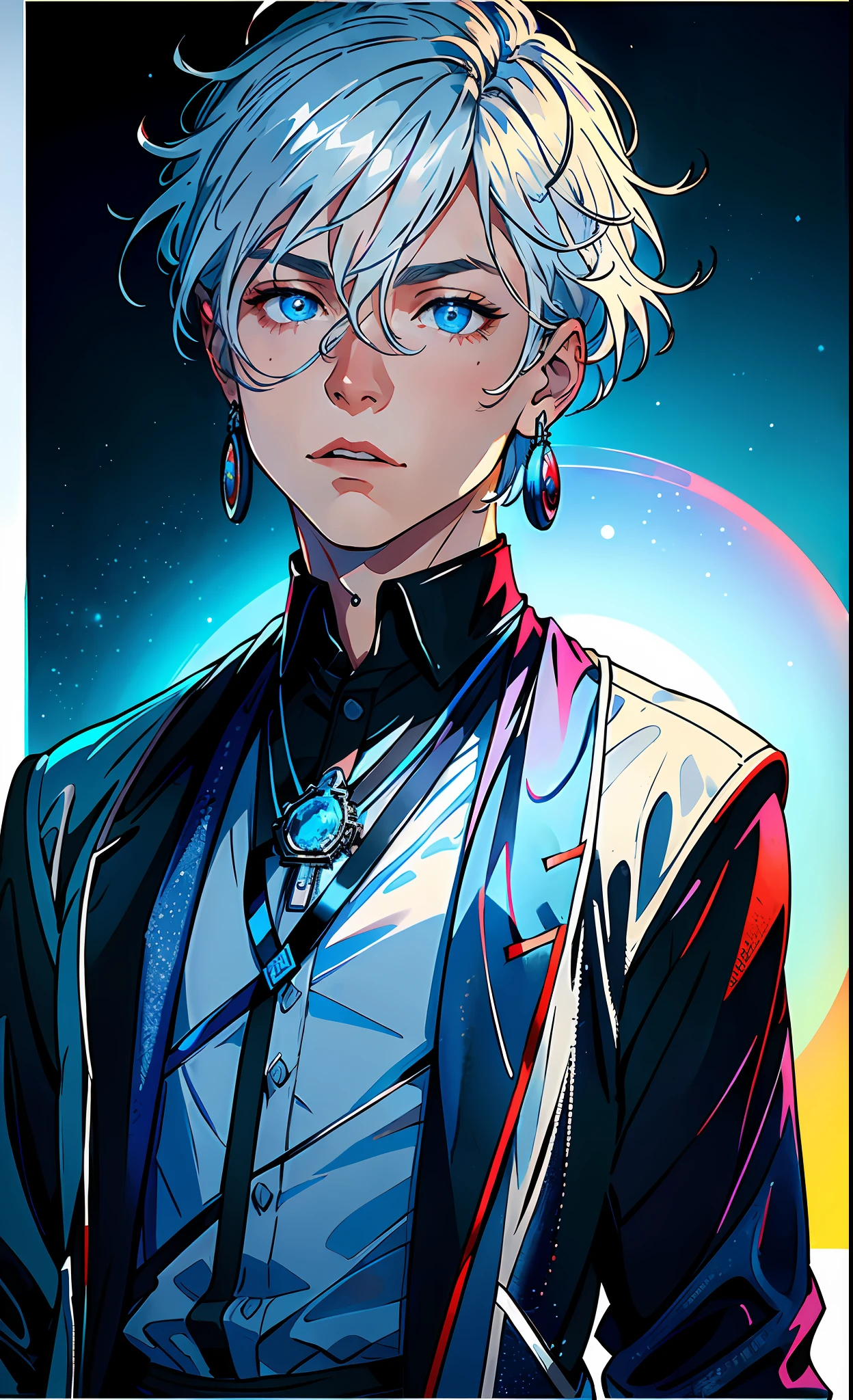 (best quality, masterpiece), portrait, 1 boy, solo, magician, (silver hair, short), (ice blue eyes), a long earring in one ear, blue medallion, black shirt, white pants, (sunset background), blue light enveloping it