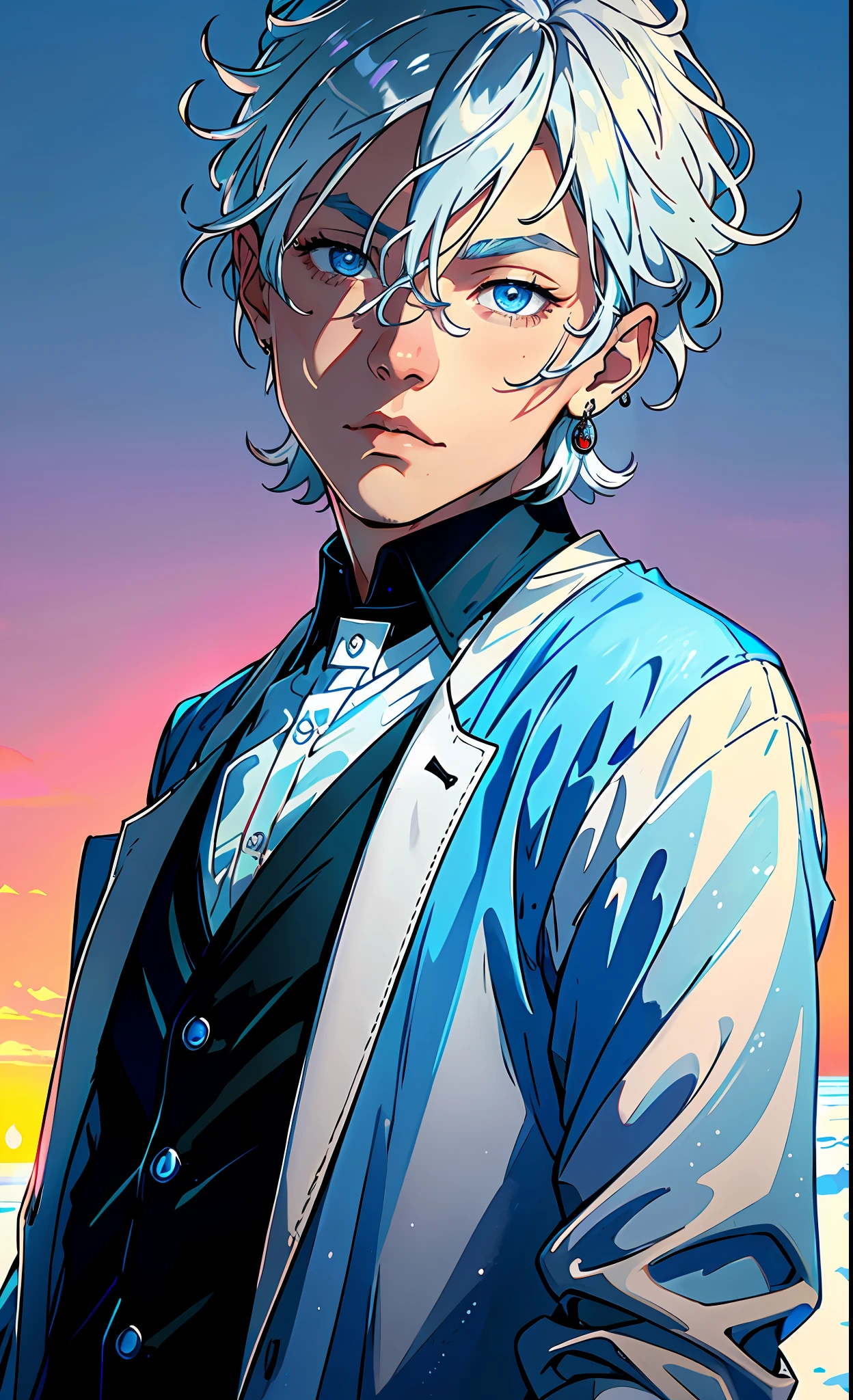 (best quality, masterpiece), portrait, 1 boy, solo, magician, (silver hair, short), (ice blue eyes), a long earring in one ear, blue medallion, black shirt, white pants, (sunset background), blue light enveloping it