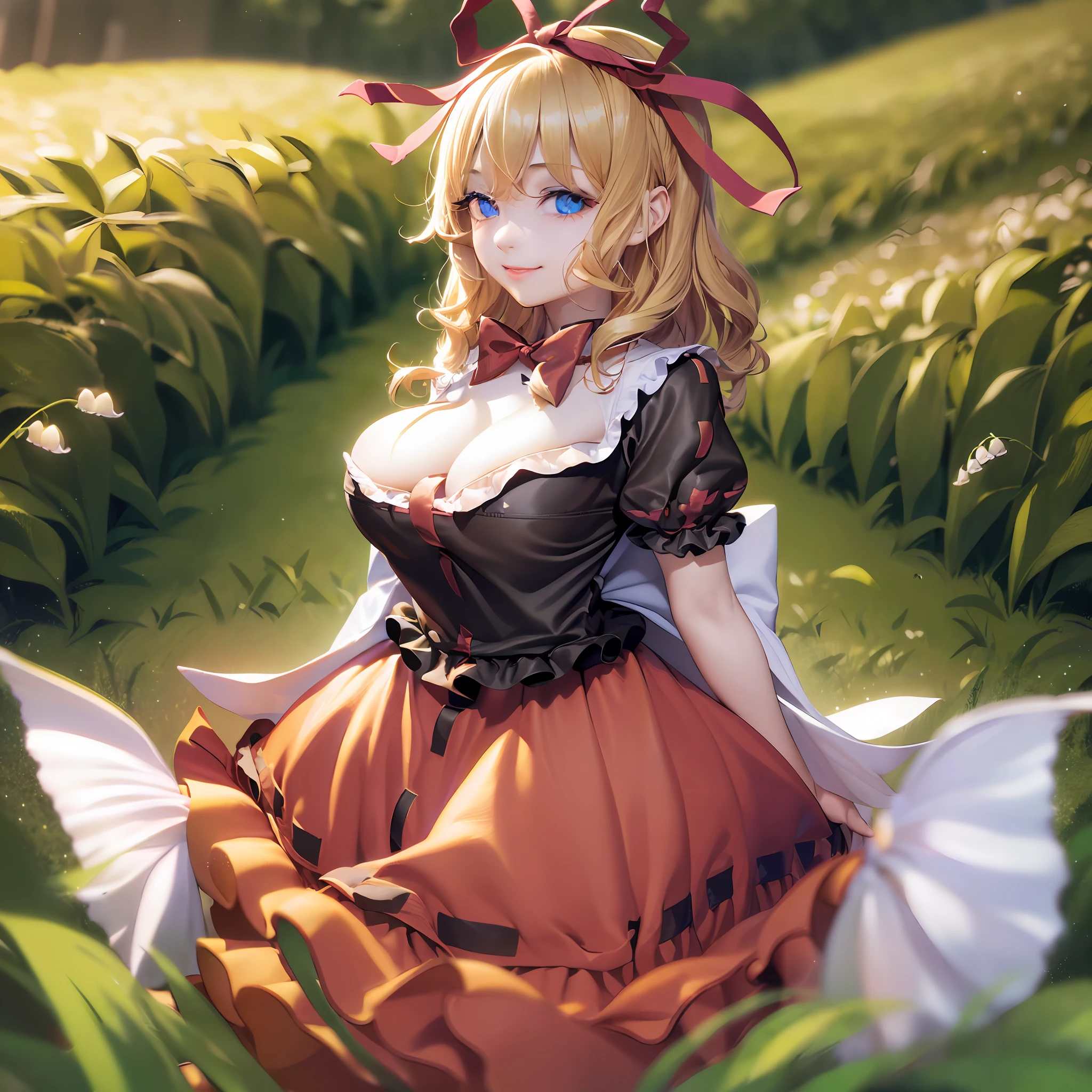 ((1girl, solo, solo female, one girl)), ((masterpiece)), ((sole female)), ((depth of field)), ((tone mapping)), (sharp detail), (perspective), ((high resolution)), (lighting), Medicine Melancholy, ((blonde hair)), ((short hair)), ((wavy hair)), ((blue eyes)), ((red bow)), ((hair bow)), ((giant ribbon)), large breasts, ((black dress)), ((backless dress)), ((gothic dress)), gothic ta, perfect face, (large ass), (thick thighs), (hands on hips), black dress, (ass focus), (shirt collar), long dress, ((shirt dress)), ((seductive smile)), simple Background, (wide hips), (huge breasts)), ((thick eyelashes)), (flower meadow), (Lily-of-the-valley), ((short sleeves)), ((looking at viewer)), ((perfect face)), ((expressive eyes)),