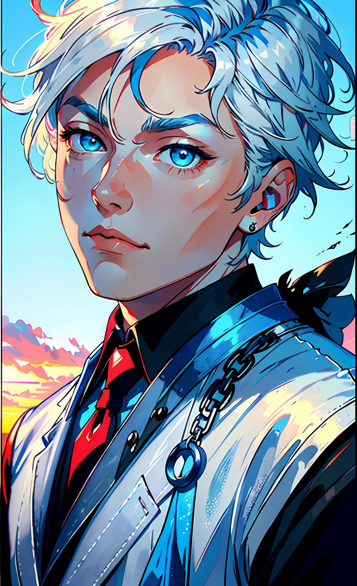 (best quality, masterpiece), portrait, 1 boy, solo, magician, (silver hair, short), (ice blue eyes), a blue earring in one ear, blue medallion, black shirt, white pants, (sunset background), blue light enveloping it