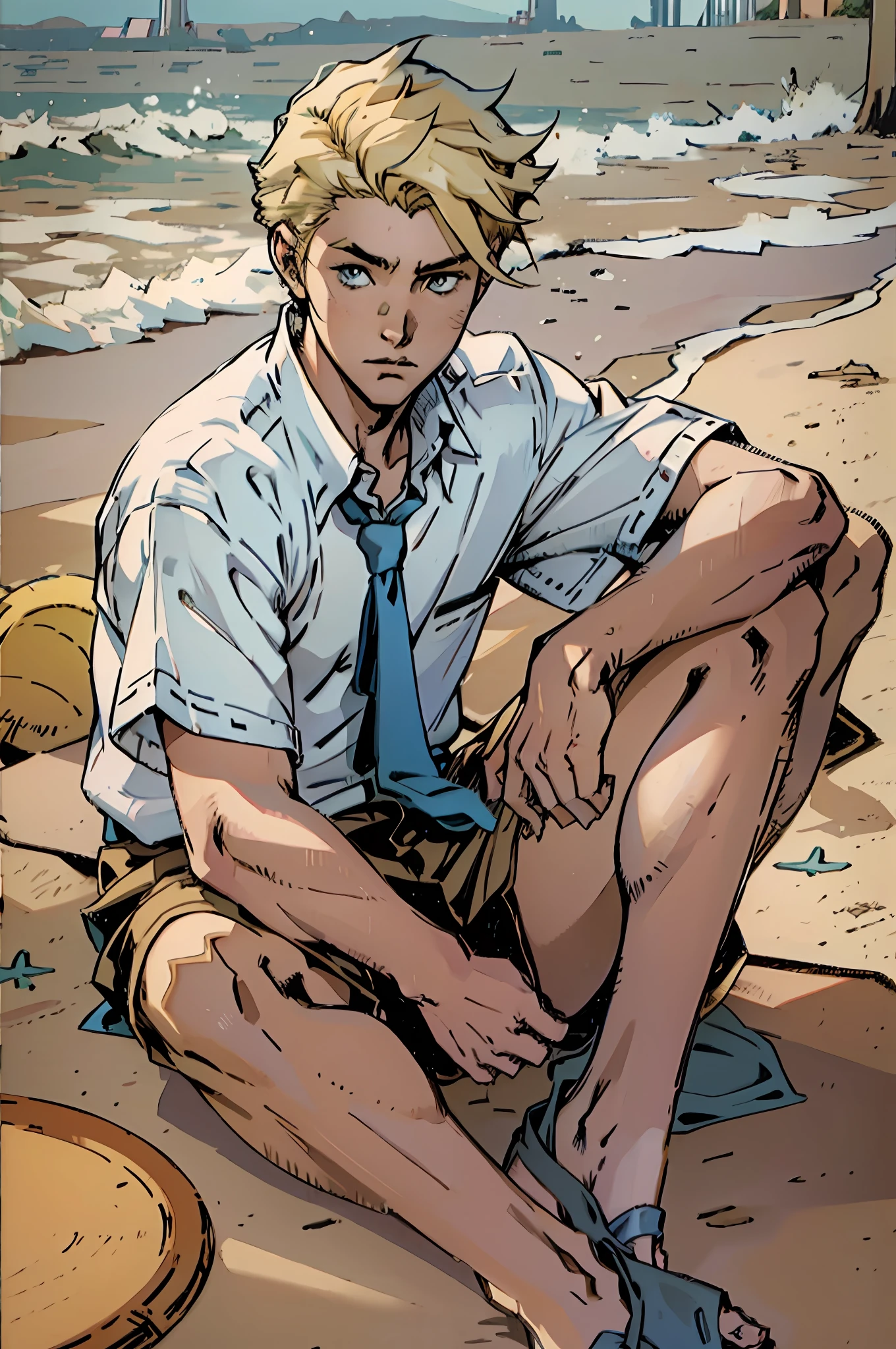 Anime-style 16-year-old blonde boy with blonde hair, with blue and white shirt, sitting on the floor and on the edge of the beach --auto --s2