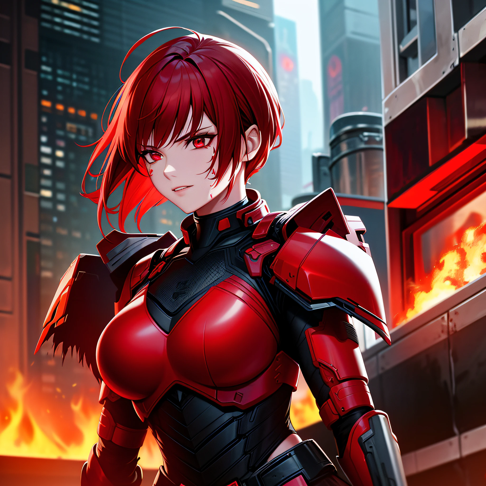 A warrior woman in cyberpunk armor with crimson red hair and bright red eyes badly bruised after a battle, multiple injuries, blood, damaged armor, fire, detailed