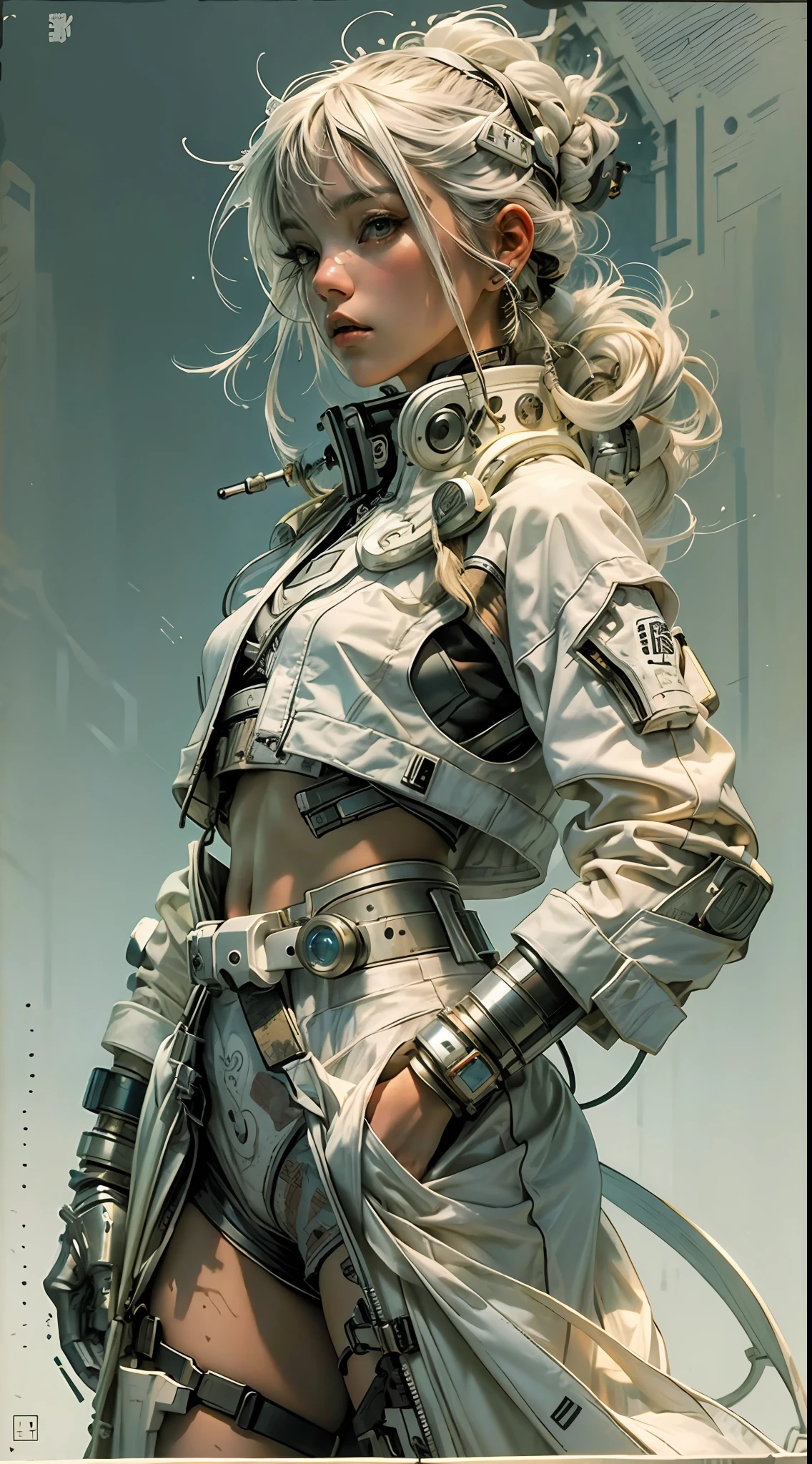 1monk warrior girl with white techwear clothes, white long hair, laces, abstract vintage scifi background, art by Moebius, art by Ashley Wood