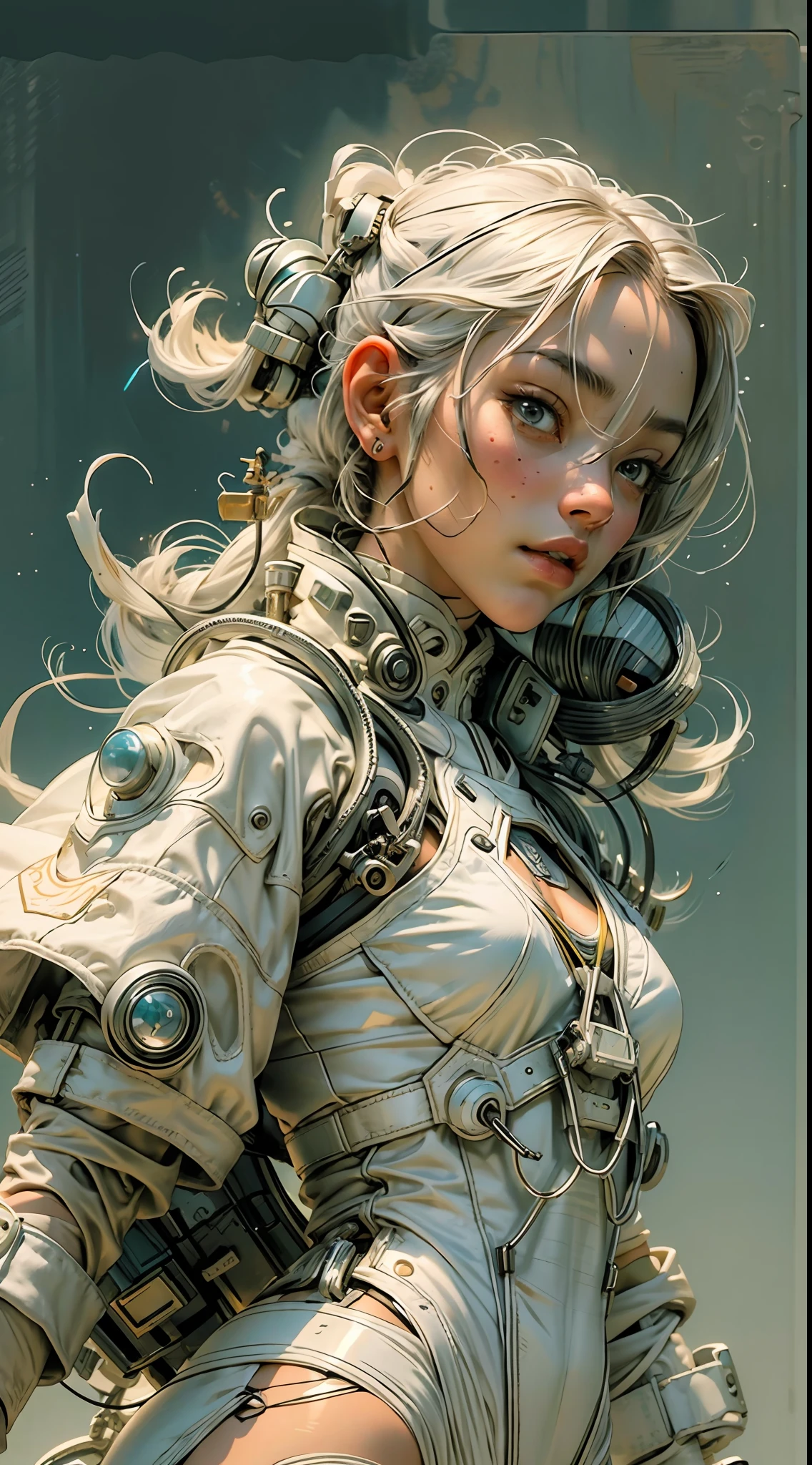 1monk warrior girl with white techwear clothes, white long hair, laces, abstract vintage scifi background, art by Moebius, art by Ashley Wood