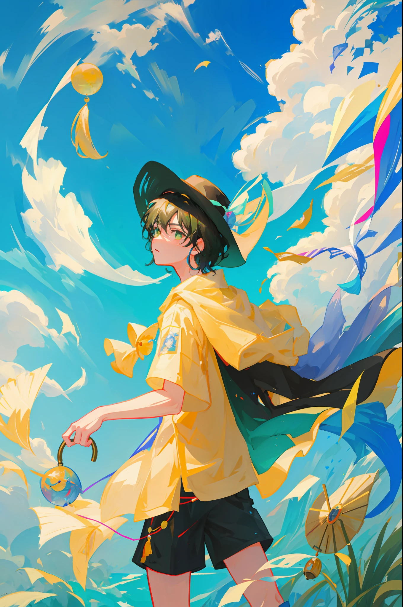 The black-haired male pupil, a , short-sleeved shorts, wearing a long cape, a straw hat with two streamers and countless wind chimes, and a green flute sits on the back of a huge fish made of water, leading more fish behind him