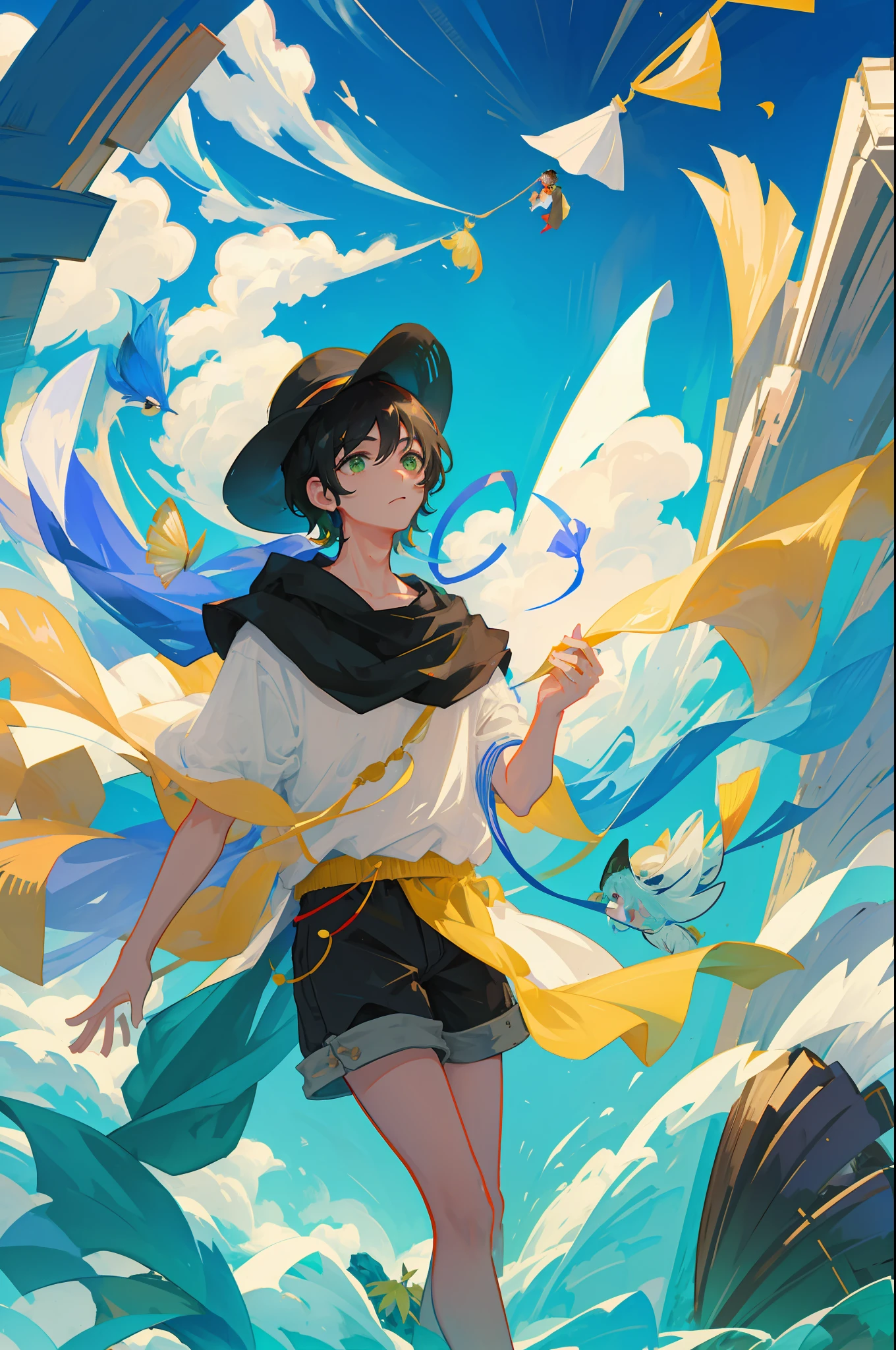 The black-haired male pupil, a little boy, short-sleeved shorts, wearing a long cape, a straw hat with two streamers and countless wind chimes, and a green flute sits on the back of a huge fish made of water, leading more fish behind him