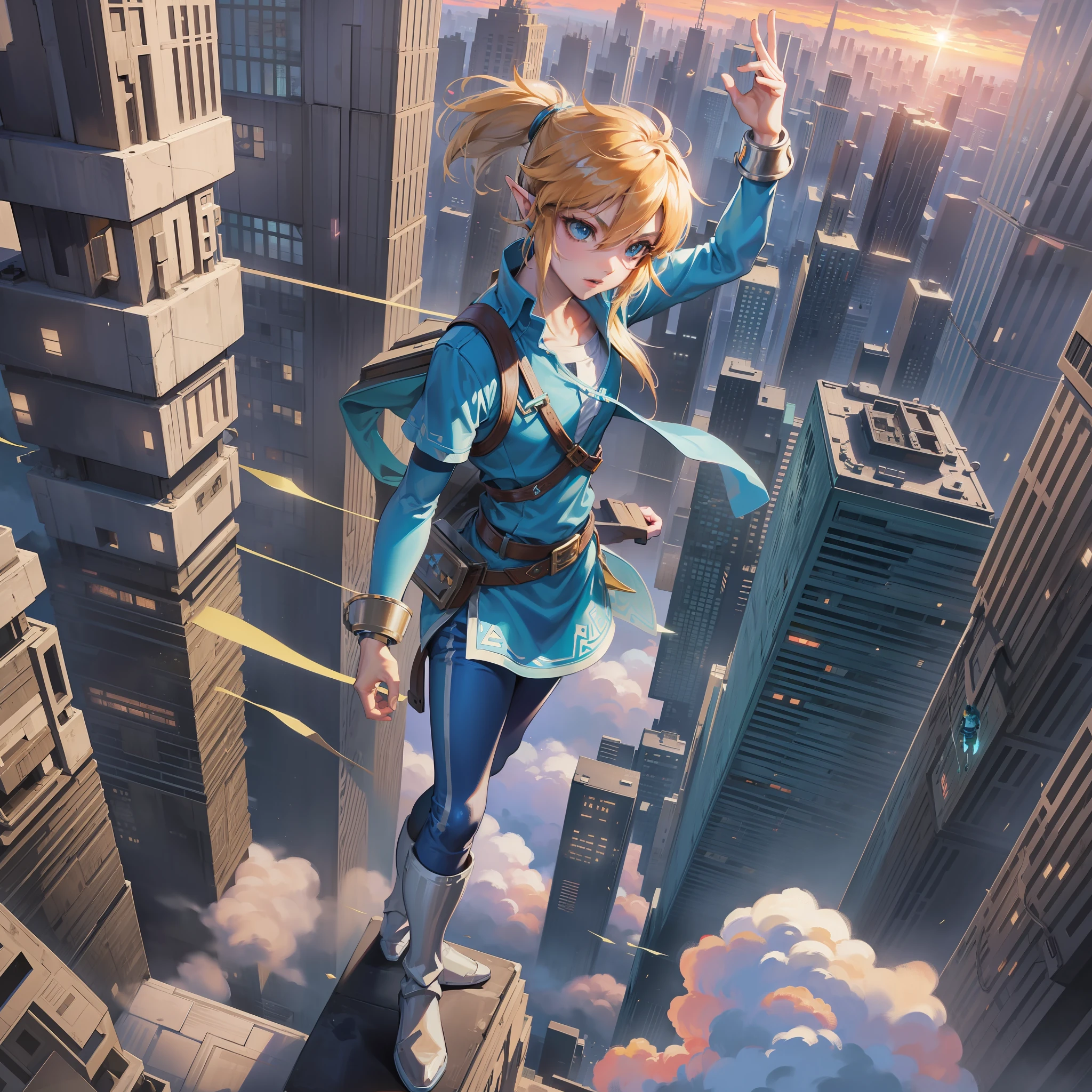 Link, Link from Legend of Zelda, cyberpunk, future, science fiction, City on the clouds, Link, high above the ground, clouds, sunset, evening, full-length, straight posture, flying on cables, solo, one character, blue clothes