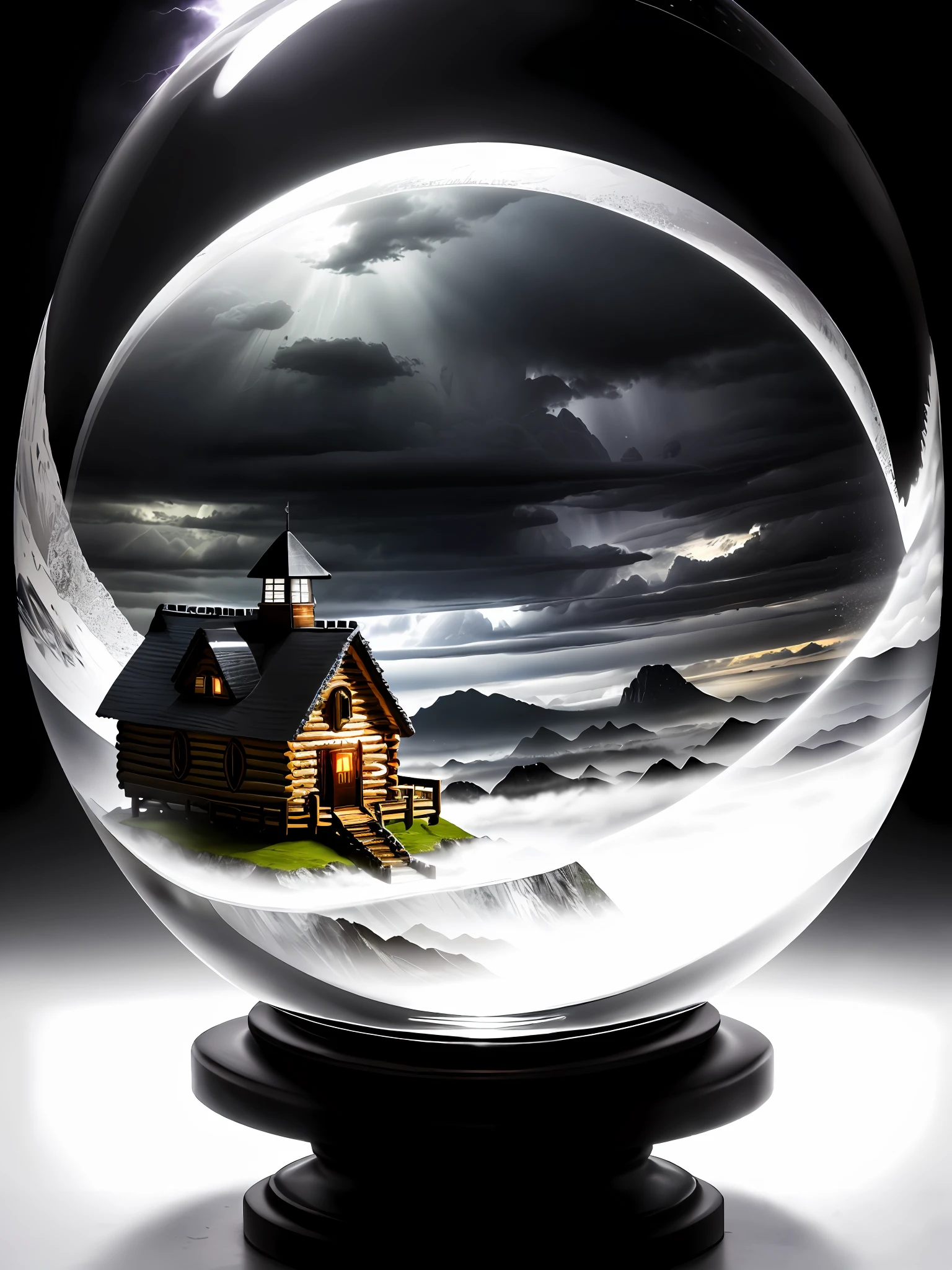 Ultra-realistic, 16K high resolution, (Max Sharp Focus: 1.3), (Max Close-up: 0.5), (Log house trapped in a crystal ball with pedestal and distant mountains: 1.7), (Storm, Black Clouds, Lightning, Fantastic Mist, Loneliness, Loneliness, White Sand: 1.3)
