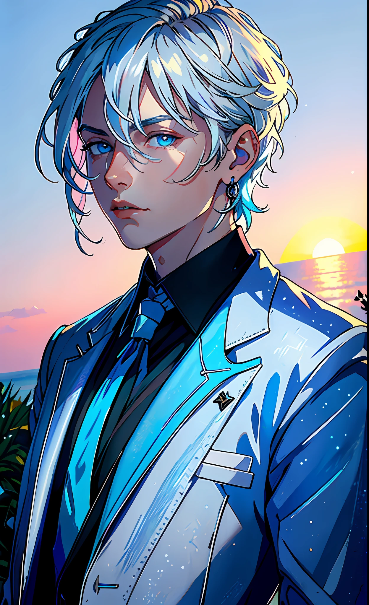 (best quality, masterpiece), portrait, 1 boy, solo, magician, (silver hair, short), (ice blue eyes), a blue earring in one ear, blue medallion, black shirt, white pants, (sunset background), blue light enveloping it