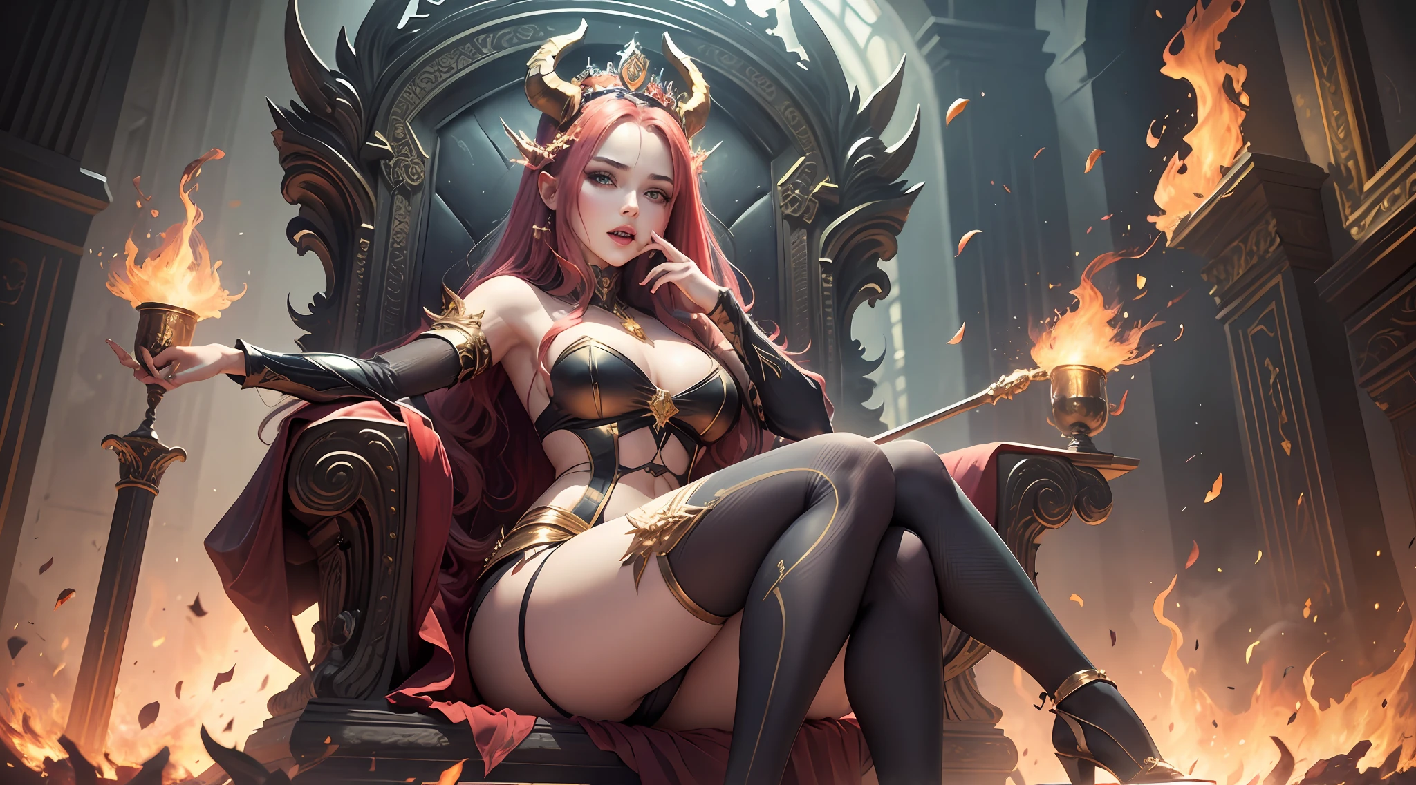 Young woman, very beautiful, very sexy, (masterpiece) sitting on a throne of fire) place hell, wearing crown of golden horns on head, catching fire, fatal look, vampire mouth, teeth, sharp fangs, pointed,