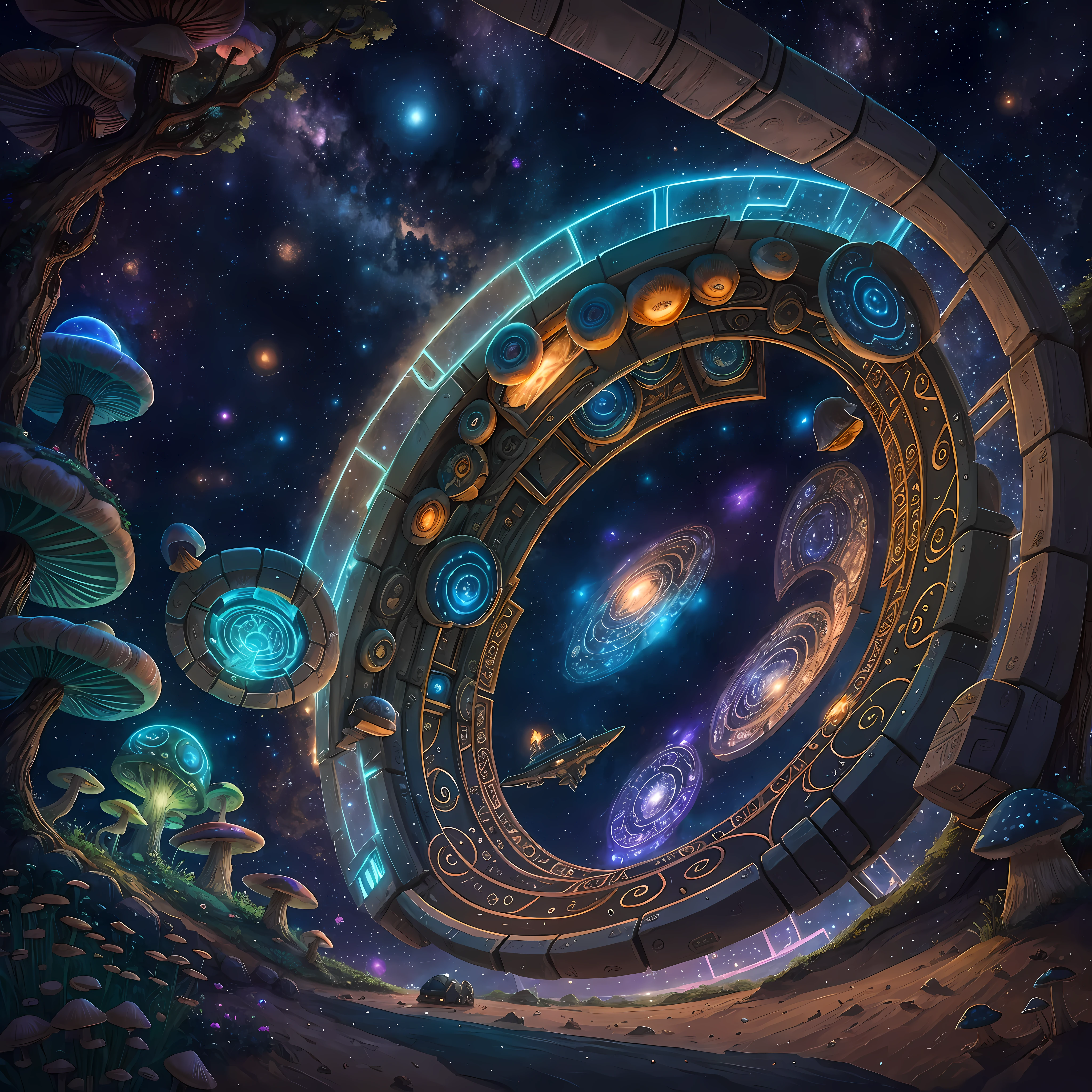 Stargate Galactic Portal ship in symbiosis with nature, with details in mushrooms --auto --s2