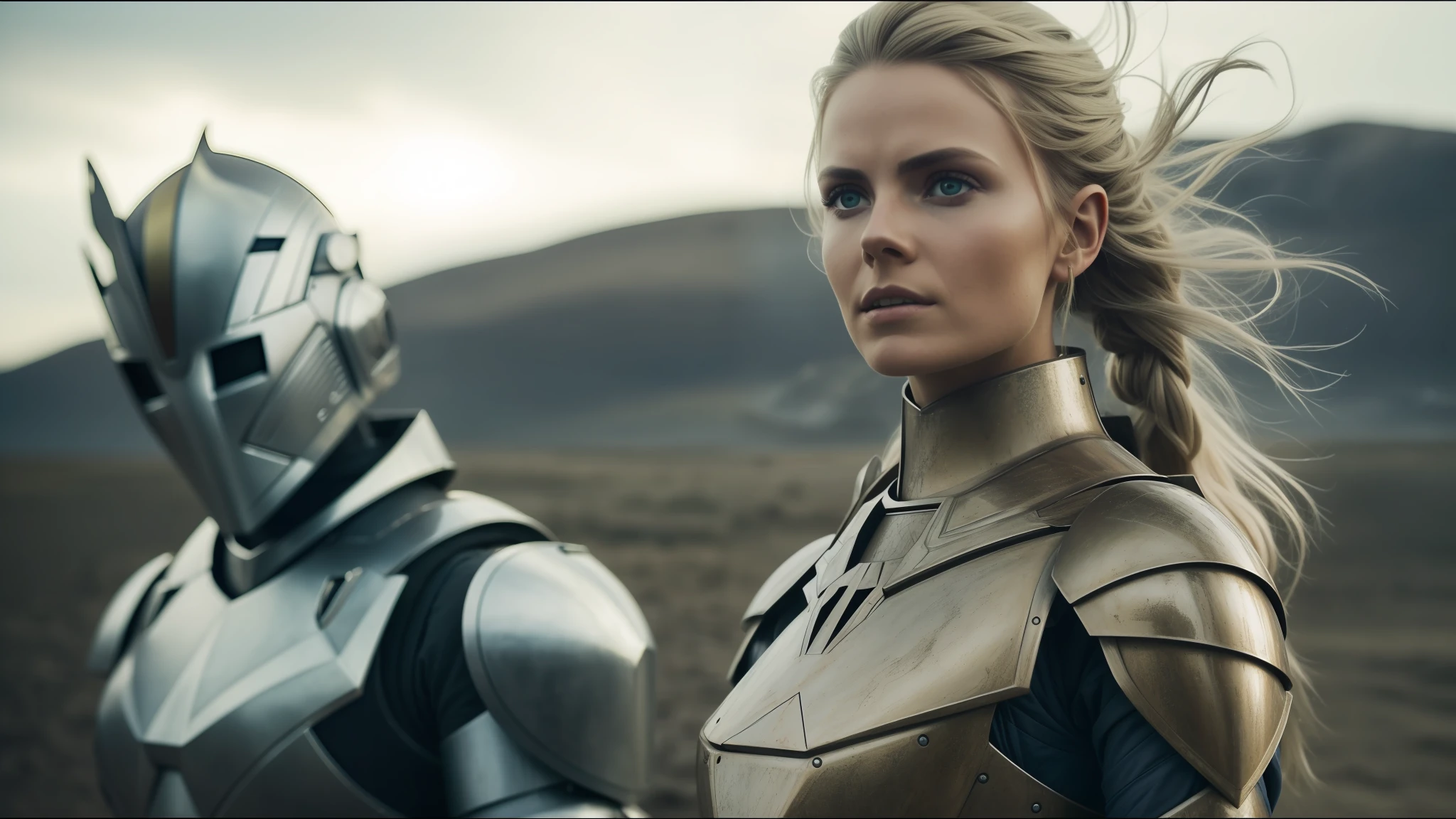 there is a woman in armor next to a robot, inspired by Nína Tryggvadóttir, vfx photo, beauty campaign, brown armor, elven blonde warrior, portrait of Nordic girl, shot with anamorphic lenses, closeup of vfx film, promotional photo