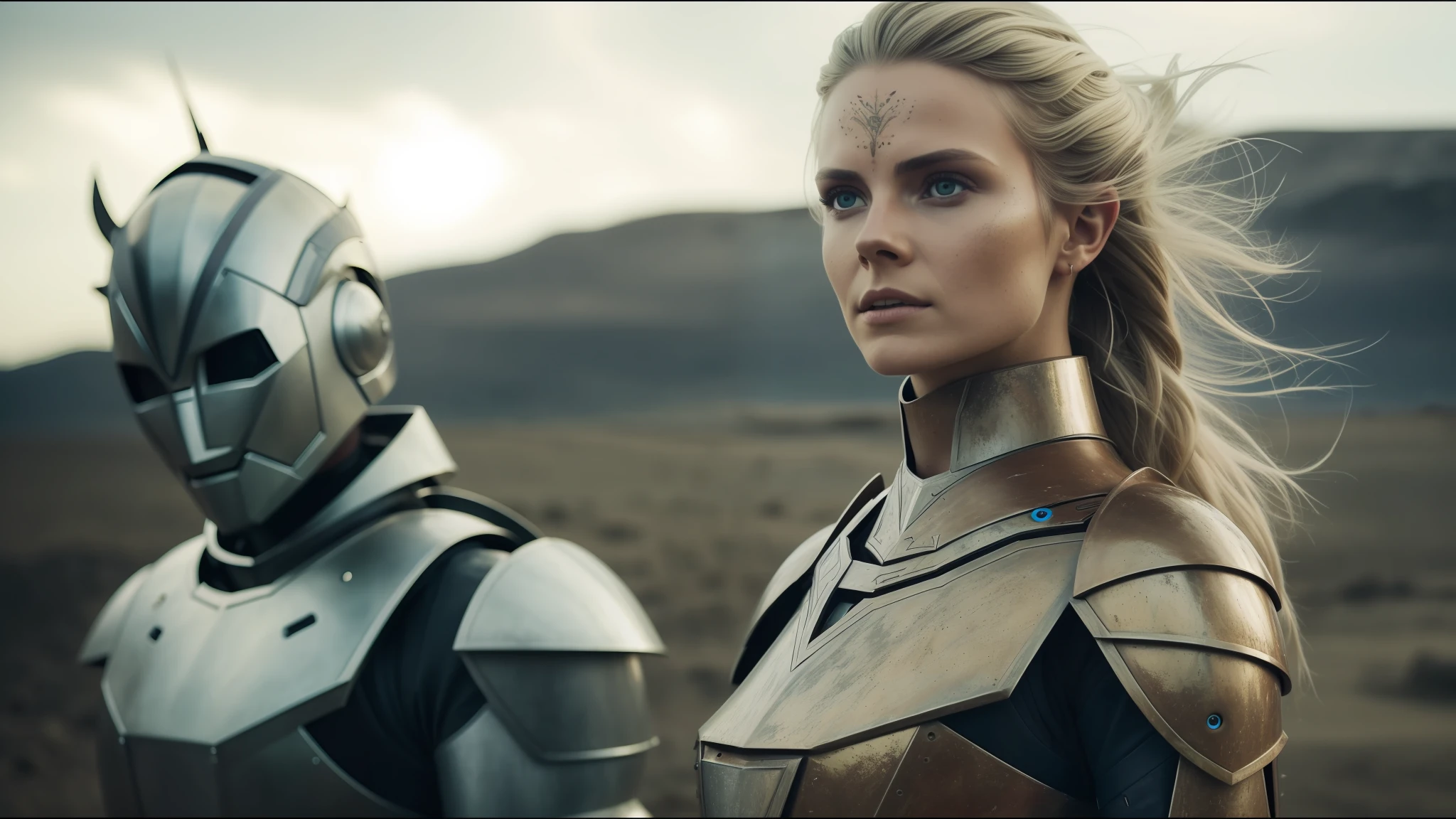 there is a woman in armor next to a robot, inspired by Nína Tryggvadóttir, vfx photo, beauty campaign, brown armor, elven blonde warrior, portrait of Nordic girl, shot with anamorphic lenses, closeup of vfx film, promotional photo