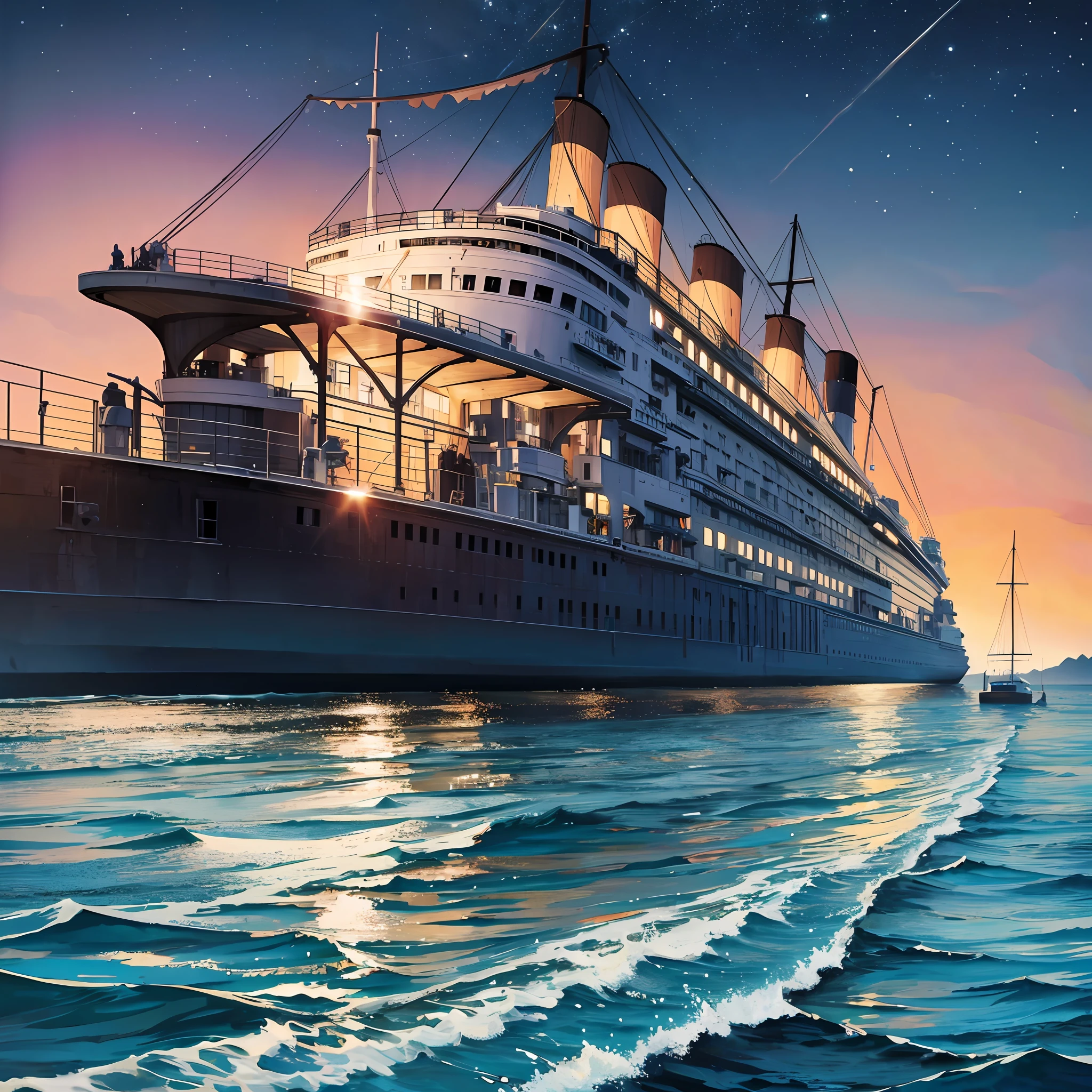 Titanic, super realistic, sailing, night, full hd, 8k, distant camera, horizon, realistic water, full hdr, 8k --auto --s2
