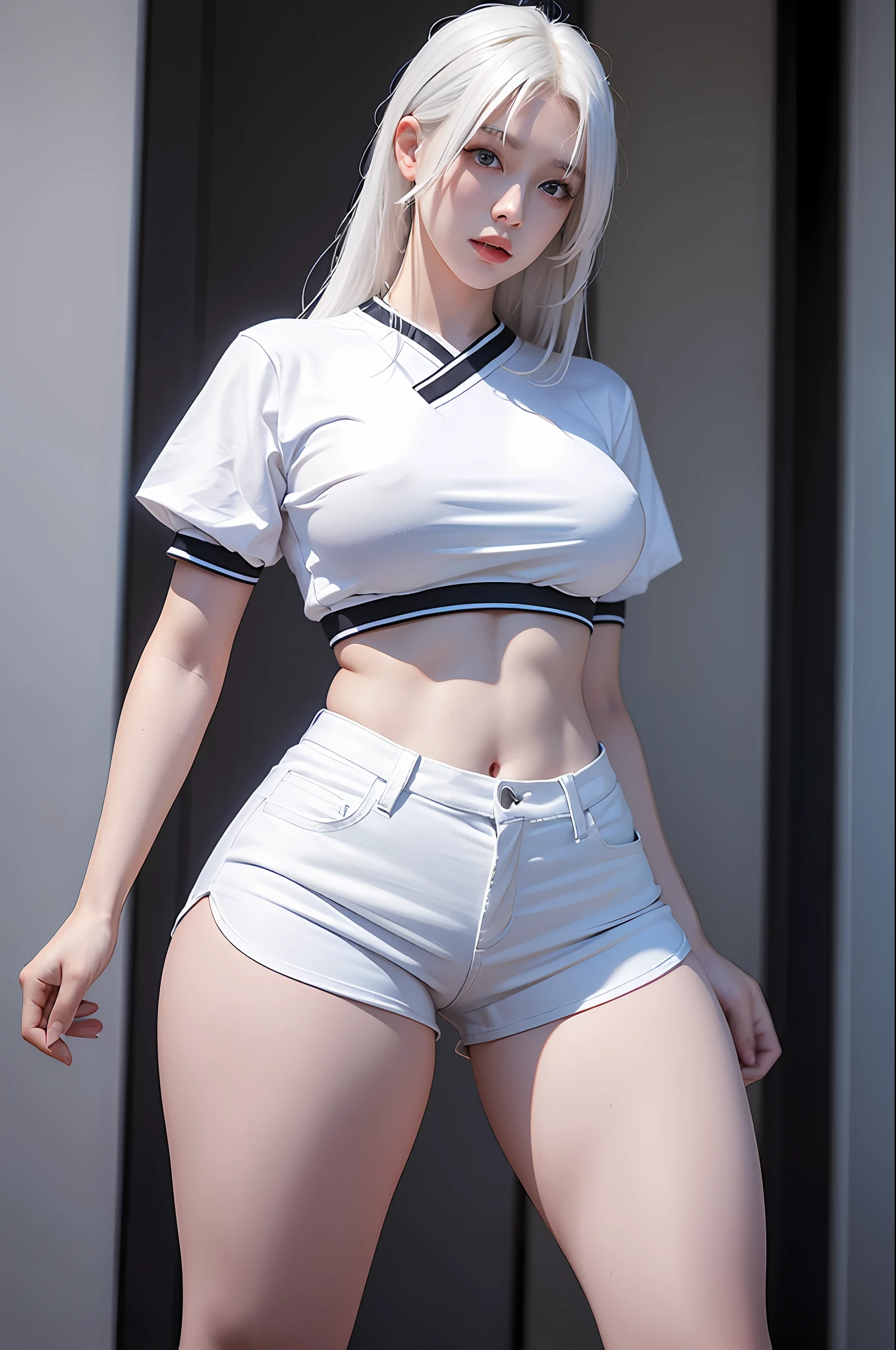photorealistic, high resolution, 1 girl, white hair, korean, blue eyes, white shirt, skimpy tight black shorts, thick thighs