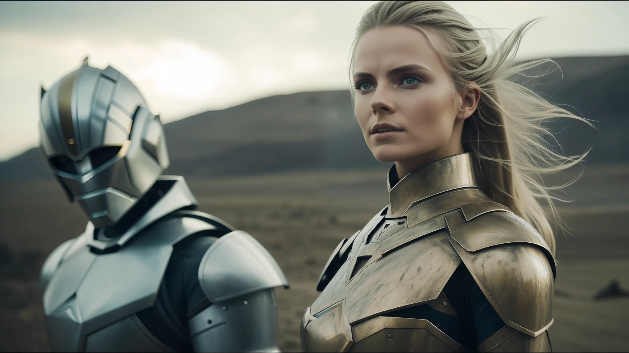 there is a woman in armor next to a robot, inspired by Nína Tryggvadóttir, vfx photo, beauty campaign, brown armor, elven blonde warrior, portrait of Nordic girl, shot with anamorphic lenses, closeup of vfx film, promotional photo