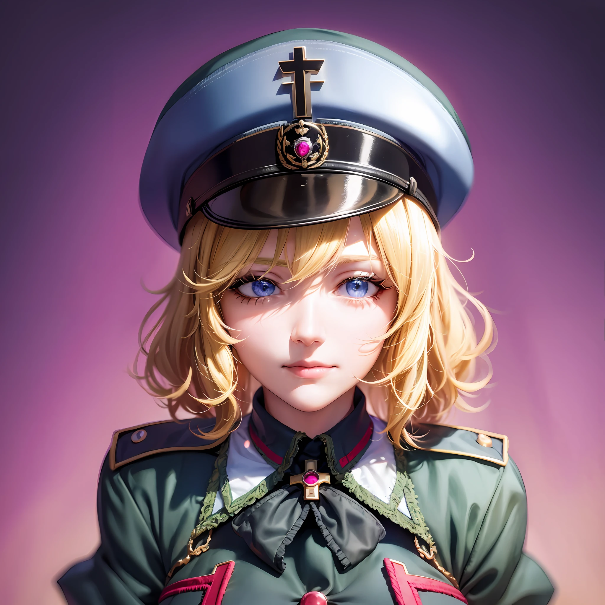 Blonde hair, silver-blue eyes, seductive smile, thick eyelashes, huge breasts, ((military uniform)), black military uniform, short hair, wavy hair, Military hat,, SS uniform, SS charlemagne, Medicine Melancholy as a SS female soldier, germany, germany 1940, ww2, evil, alternate costume, {{{Masterpiece}}}, {{{detailed}}} {{{high Resolution}}}, colorful, {{{cinematic lighting}}}, {{detailed}}, 4K, Touhou, Medicine Melancholy,