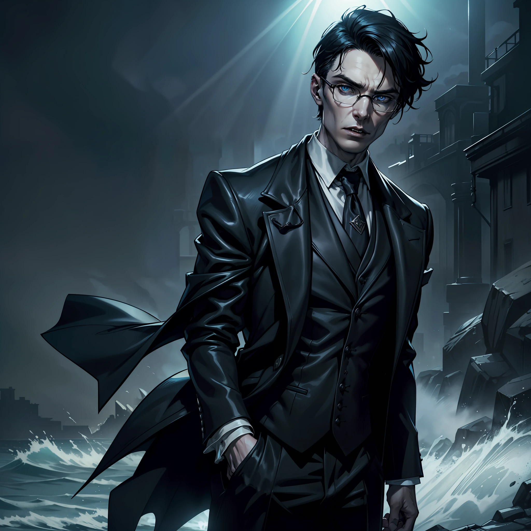 (extremely detailed 8k wallpaper), dark theme, Vampire the Masquerade, modern horror, 2020s, young man, blue suit, sharp focus, (subsurface scattering:1.1), award-winning photography, centered face, (((Cillian Murphy's face)), expensive glasses, (((a Malkavian vampire))), front shot, half-body shot:1.1, short cut black hair Peaky Blinders, supernatural blue eyes, serious expression, beachfront at night, dramatic lighting