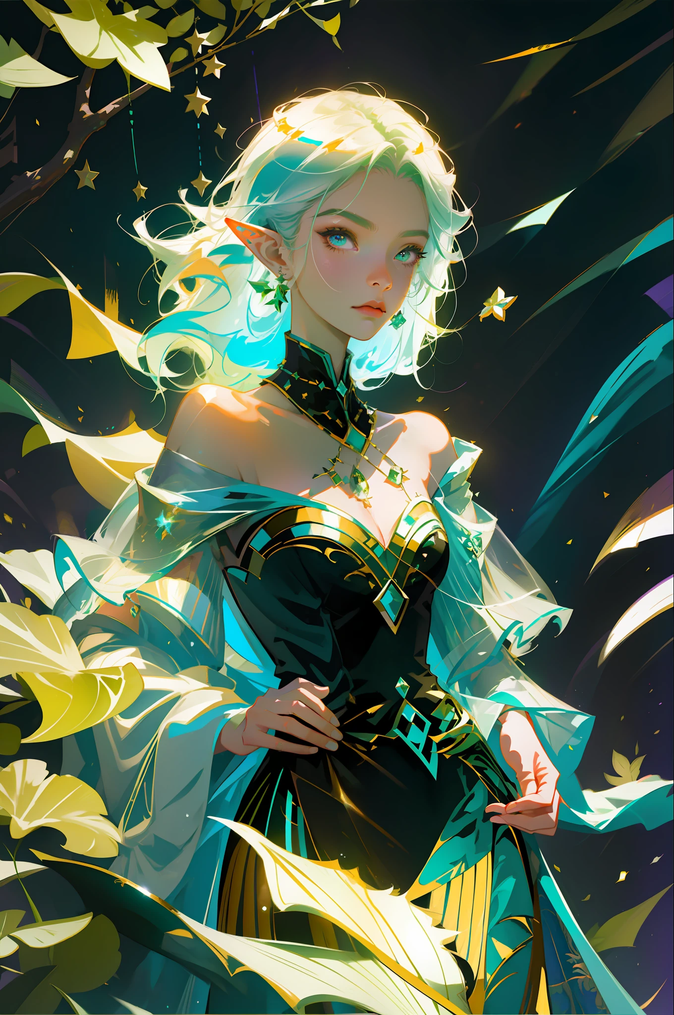 Chica de anime con cabello green y vestido black, de pie, en un campo de hojas, pintura digital de Rossdraws, abstract castle in the background , magic particles, gems floating, a myaterious atmosphere, Green and purple palete, fantasy, elf , 16k, 8k