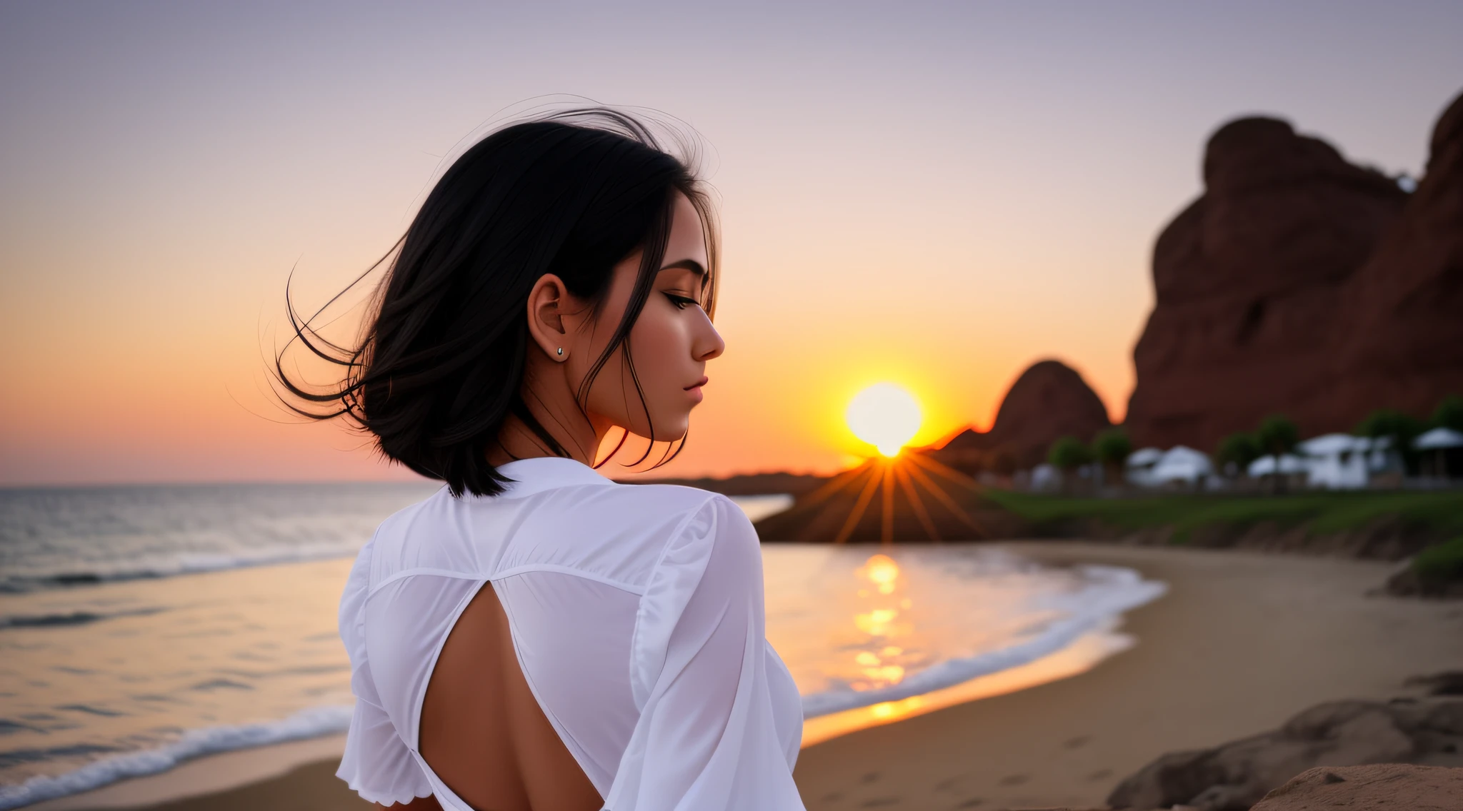 woman, white, with black hair, on her back, looking at the sunset --auto --s2