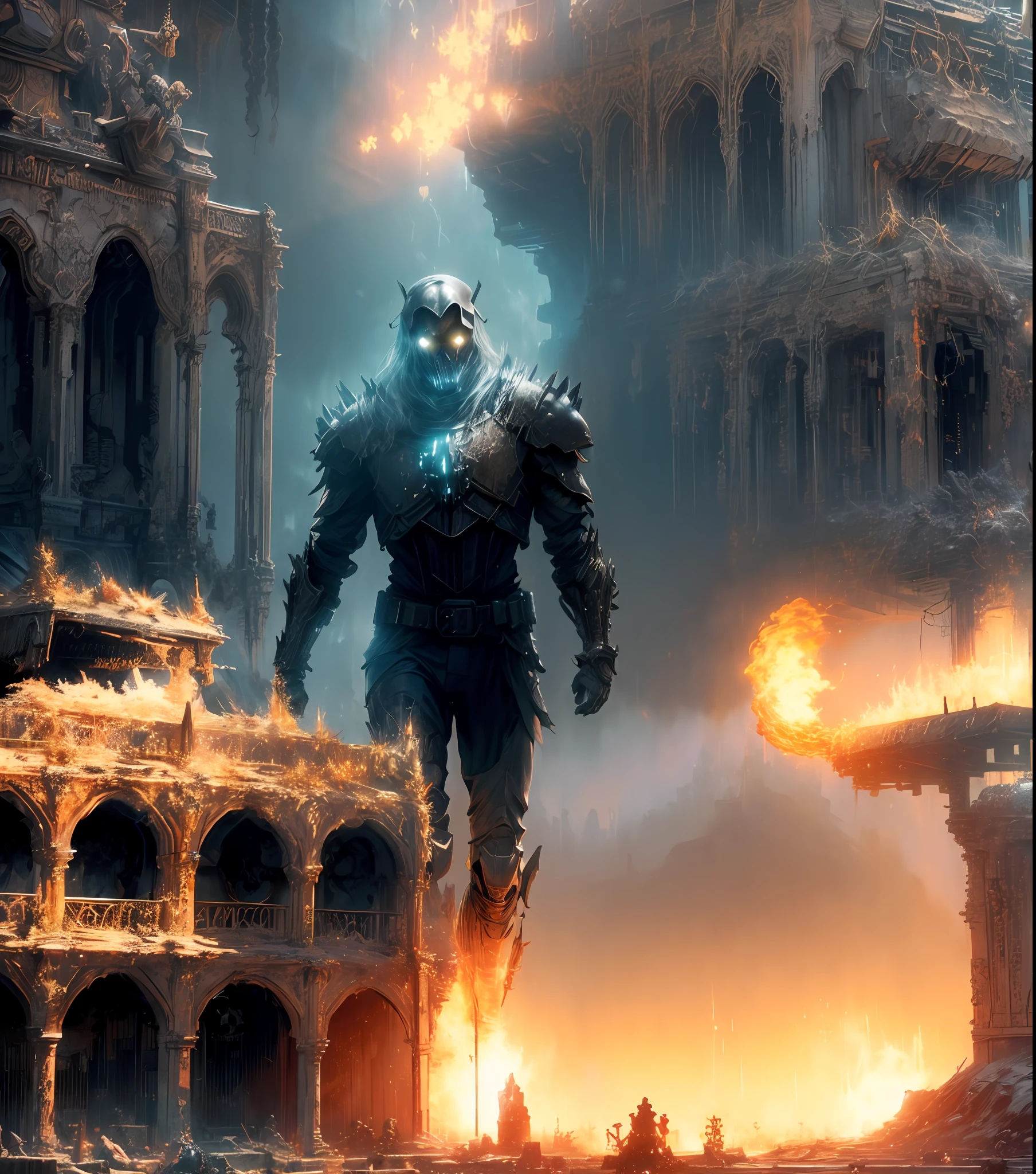 Fantasy realism, apocalyptic ghost rider in a desert ruin, photoshot from below, metal skull, cyber plate armor, (dark atmosphere:1.2), (fog & smoke), (dark night:1.3), scars, (dark medium length disheveled hair:1.1), (eyeshadow:1.1), (beautifully detailed glow:1.2), (Cinematic lighting), intricate detail, highres, sharp focus, smooth, aesthetic, detailed bright desert background,