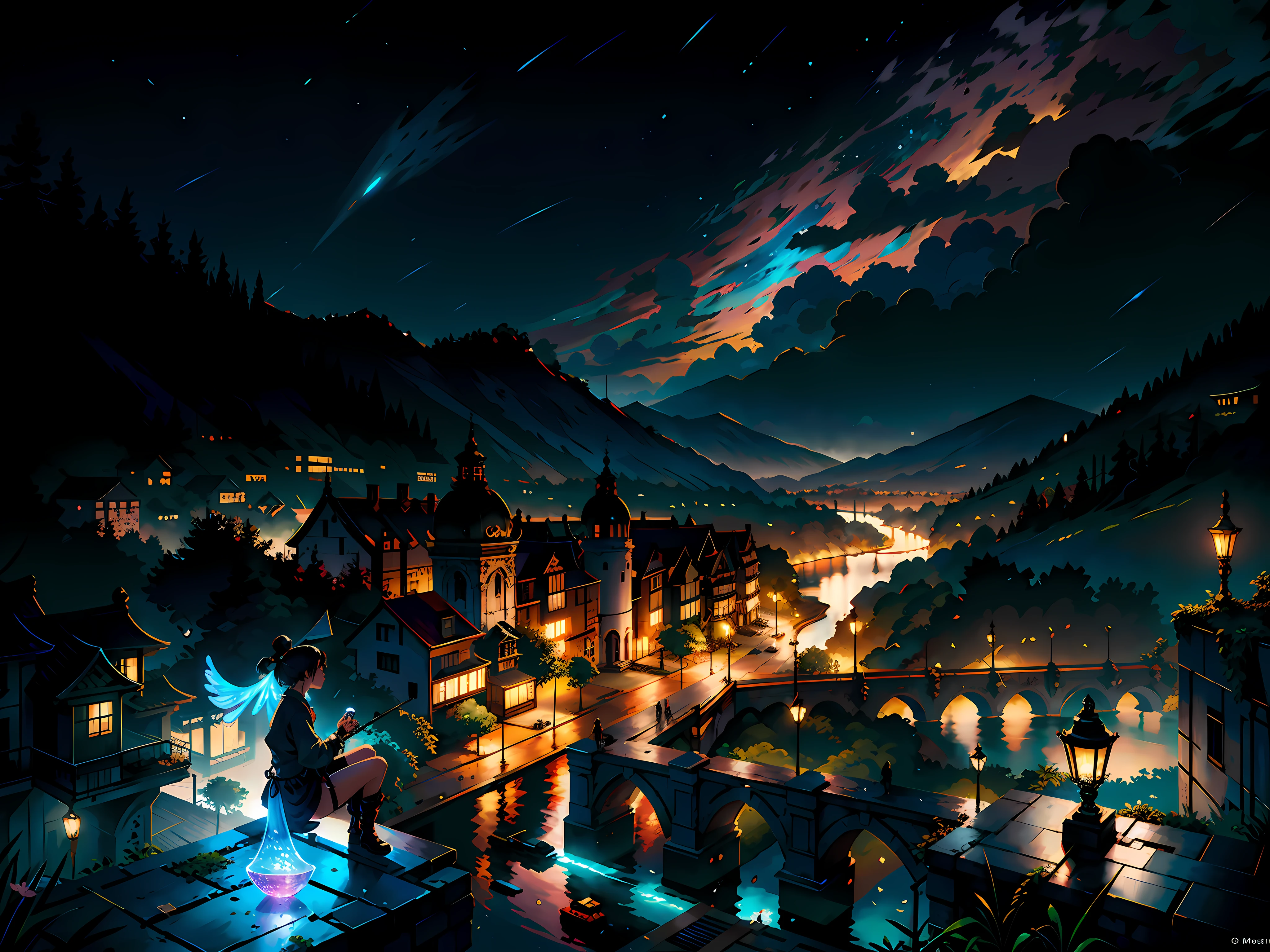 anime girl sitting on a ledge overlooking a city and a river, best anime 4k konachan wallpaper, 2. 5 d cgi anime fantasy artwork, intricate ornate anime cgi style,BREAK,Detailed,Realistic,4k highly detailed digital art,octane render, bioluminescent, BREAK 8K resolution concept art, realism,by Mappa studios,masterpiece,best quality,official art,illustration,ligne claire,(cool_color),perfect composition,absurdres, fantasy,focused,rule of thirds