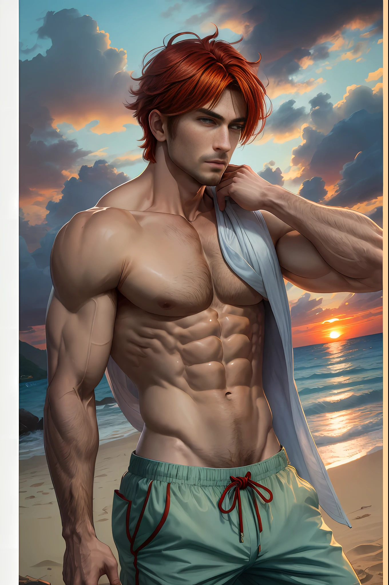 masterpiece, best quality, 1 man, man, nioh standing, red hair, grey red eyes, forked hair, short hair, long bangs, handsome, masculine, gentle, tall, quiet, light blue trousers, prince. Sit-up. Upper body bare skin. Sunset beach. Bonfire. Camp. Survival. Shorts. Camping rice.