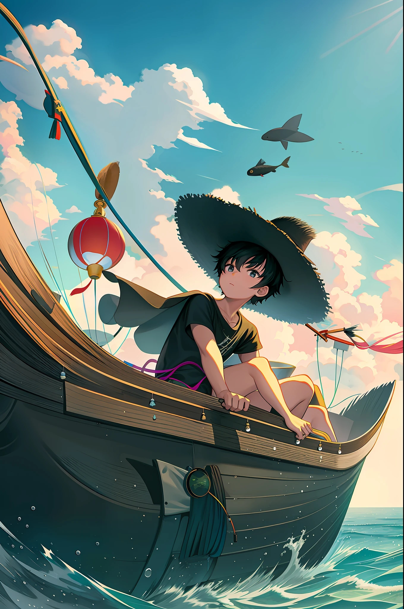 The black-haired male pupil, a little boy, short-sleeved shorts, wearing a long cape, a straw hat with two streamers and countless wind chimes, and a green flute sits on the back of a huge fish made of water, leading more fish behind him