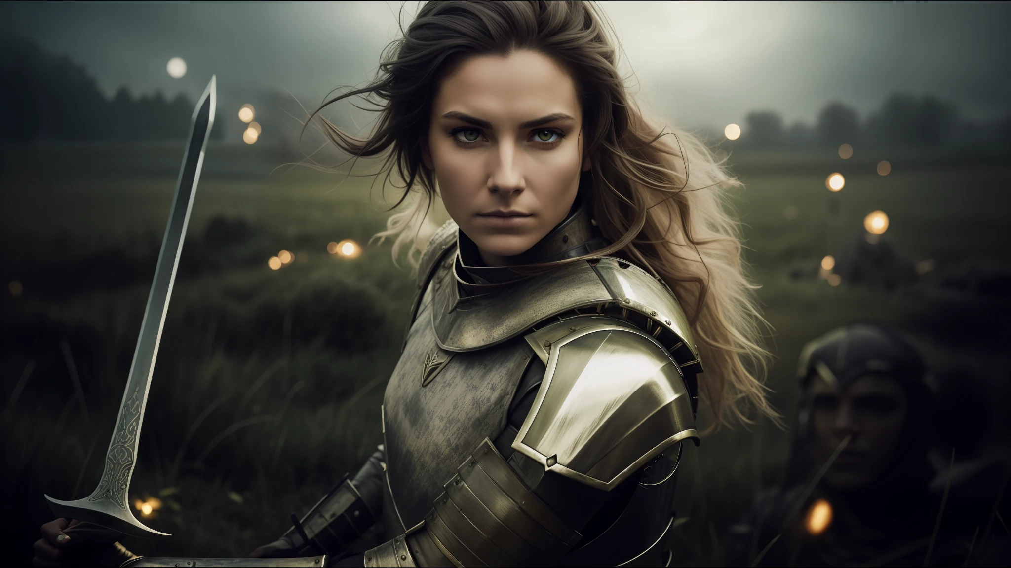 Woman armed in armor holding a sword in a field, lorem ipsum dolor sit amet, photo in the style of Paola Kudacki, but armor covers her face, soldier portrait, inspired by Ed Binkley, piercing and glowing eyes, cleric