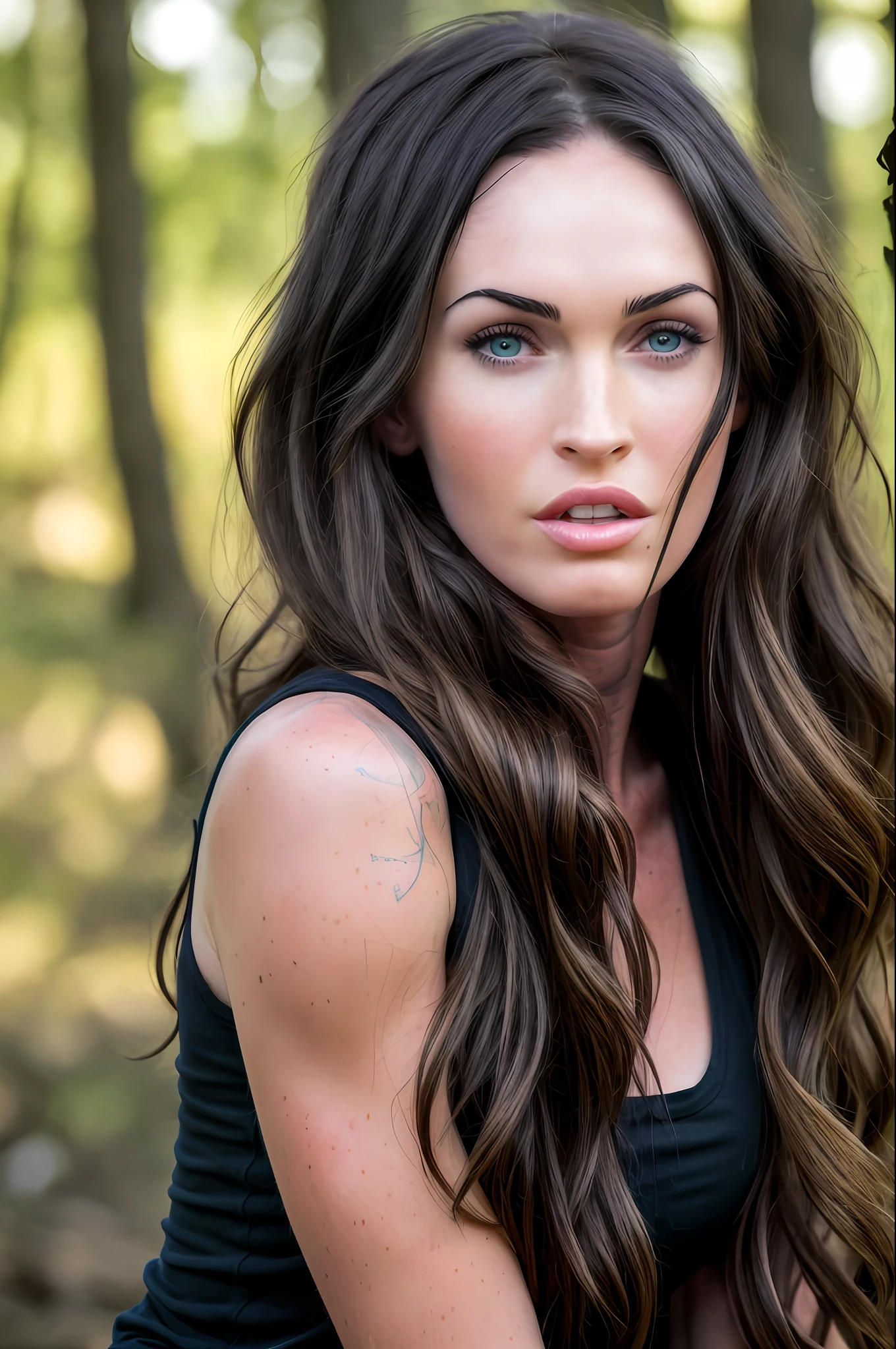 realistic photo, a real photo, of (( Megan Fox )) highly realistic is dressed in black tank top black jeans black boots is lying among several destroyed trees she is getting up and preparing to attack her attacker she is very angry ( 1girl), (extremely detailed CG unit 8k wallpaper), photo of the most beautiful artwork in the world, majestic professional (photography by Steve McCurry), 8k uhd, dslr, soft lighting, high quality, film grain, focus sharp Fujifilm XT3, f 5.6, high detail, sharp focus, dramatic, (looking at viewer: 1.2), (detailed pupils: 1.3), (natural light)