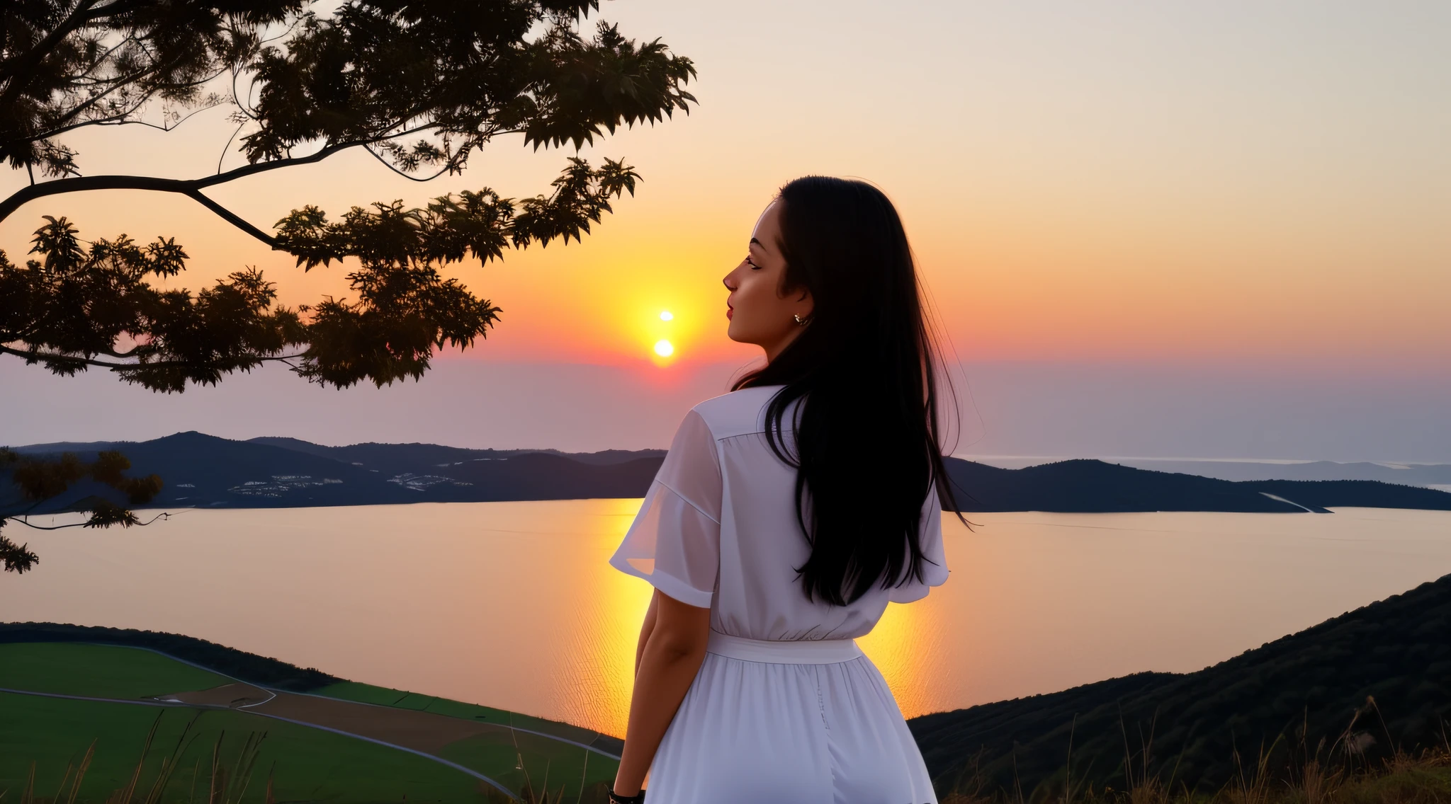 woman, white, with black hair, on her back, looking at the sunset --auto --s2
