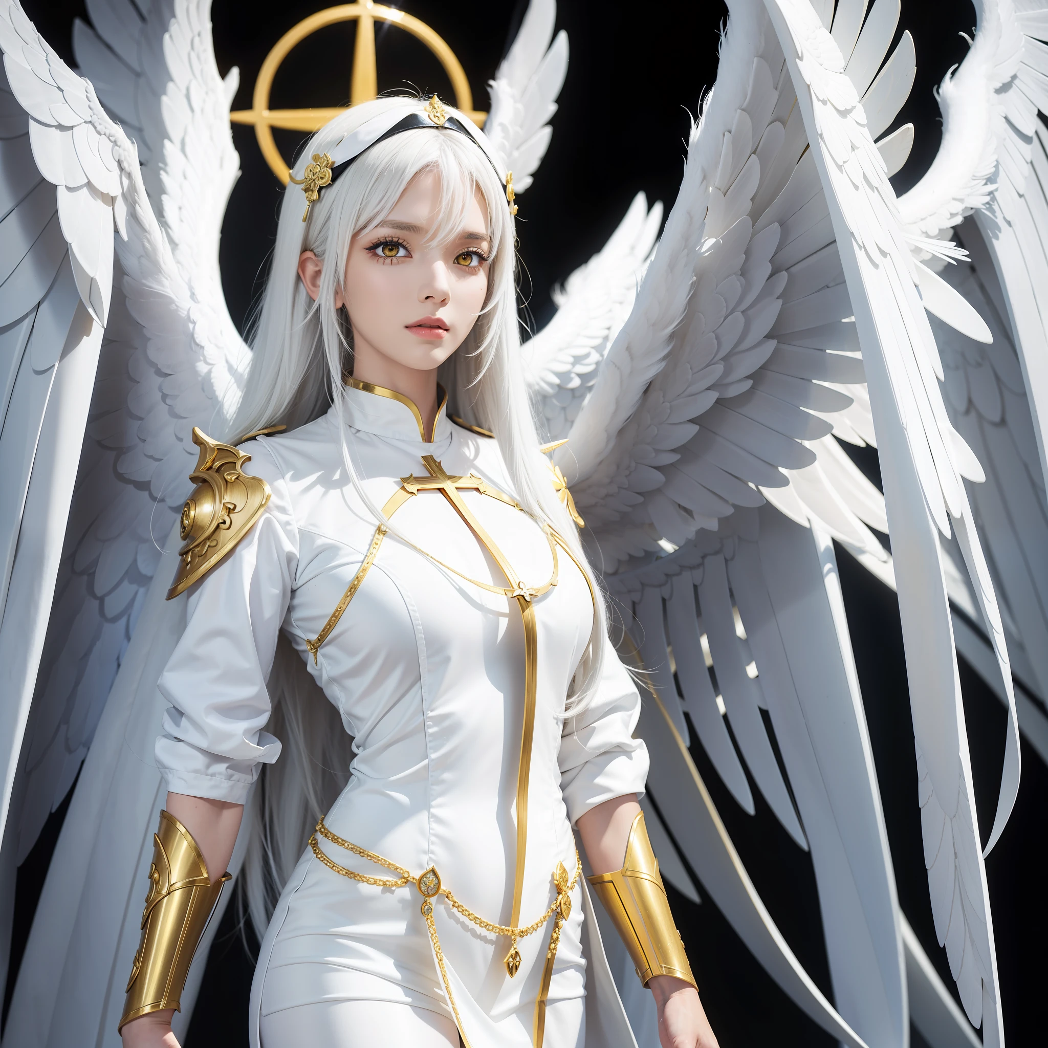Best Quality, SLR, One Woman (Alathur), Big, Clear Body Lines, Yellow Eyes, Golden Eyes, White Hair, Saint Sister, Big Wings, Cross, Symmetrical