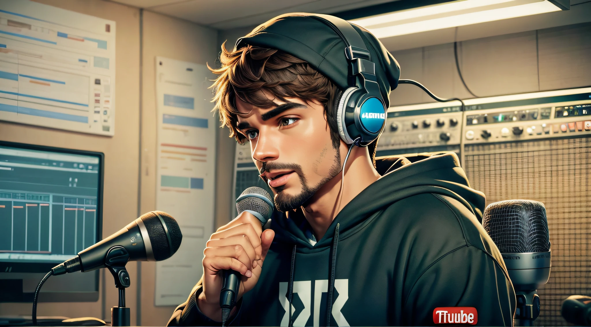 A YouTube channel banner, grown man, wearing a hoodie on his head, inside a studio, in front of a microphone and with a headset on his head --auto --s2