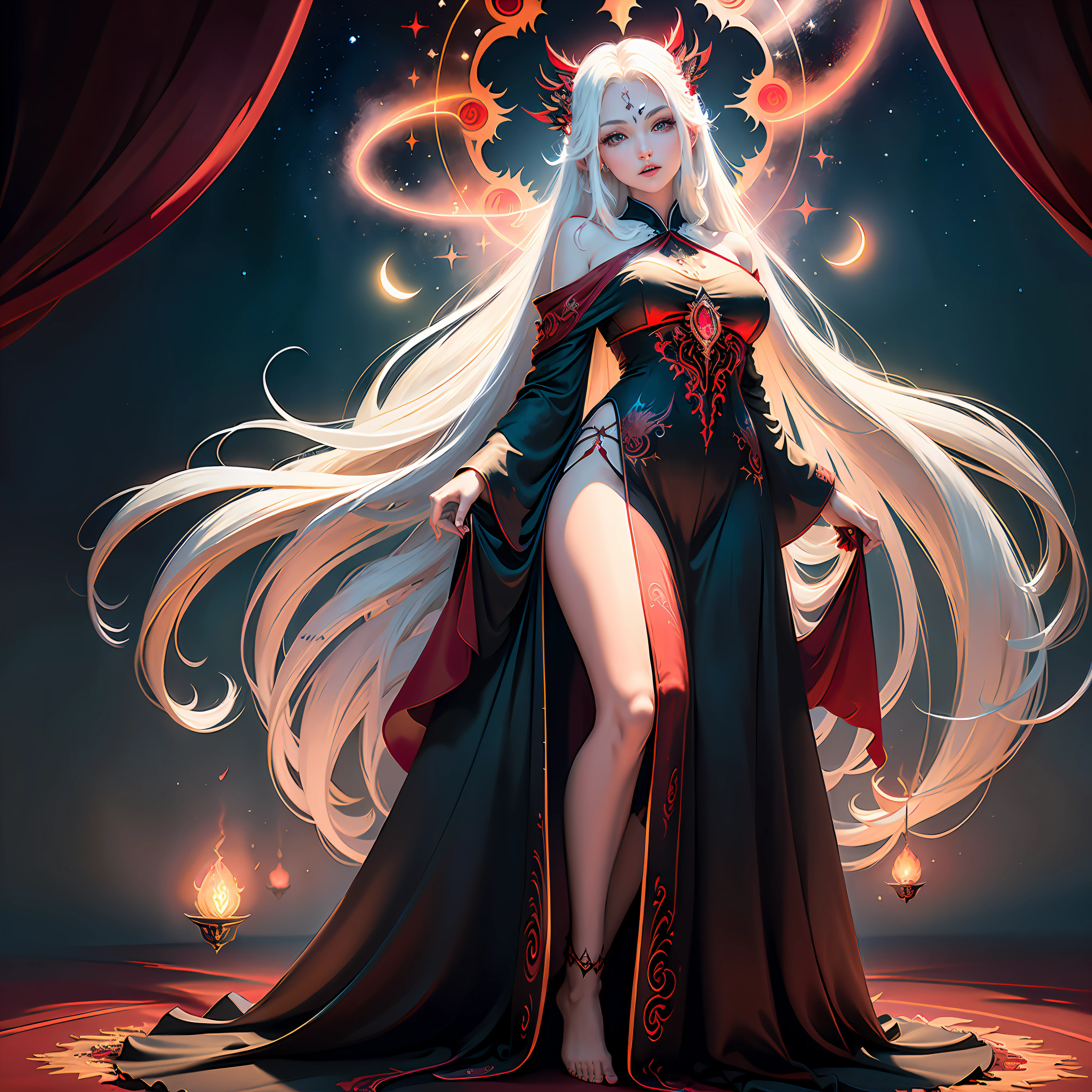 round image,(masterpiece:1.3), (the best quality:1.2), (super fine illustrations:1.2), (Masterpiece), high quality, high detail,(SOLO:1.4),((round image)),[(white background:1.1)::5],[(ruins:1):5],[(game character portrait:1.2):5],1 girl,solo,(((full body))),only five fingers,((white long hair)) ((yellow and (White) ends)),long hair, whole body, look at viewer, ((looking from above)), (bright aqua eyes), lighting, (magic red and black energy wings), godrays, halo, magic rays, energy halo, starry night, moon light, magic symbols, ((fullbody red magic tatoos)), magic pillars, magic aura
(hyper detail:1.1), (dramatic light:1.2), (intricate details:1.1), (colourful:1.1), godrays, sexy pose, medium boobs, (rising from hell:1.2), (red flowing robes:1.2), (red and black dress:1.2), (ethereal glow:1.3), (heavenly atmosphere:1.3),
