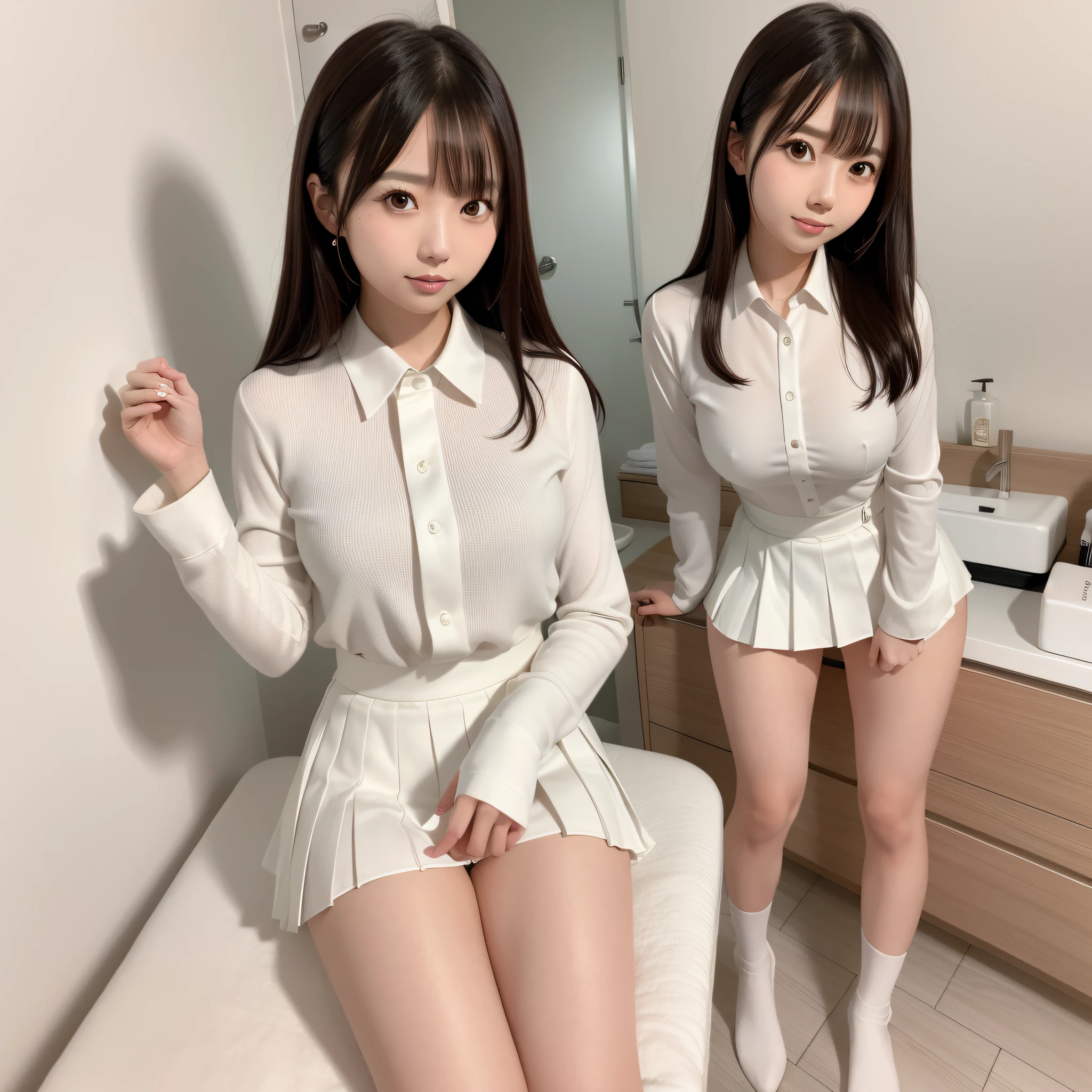 Araffe Japanese model, white dress, inch shirt, pleated miniskirt, hyperrealistic, menstrual period, switching from dirty feminine tampons to a new pad, in the bathroom,