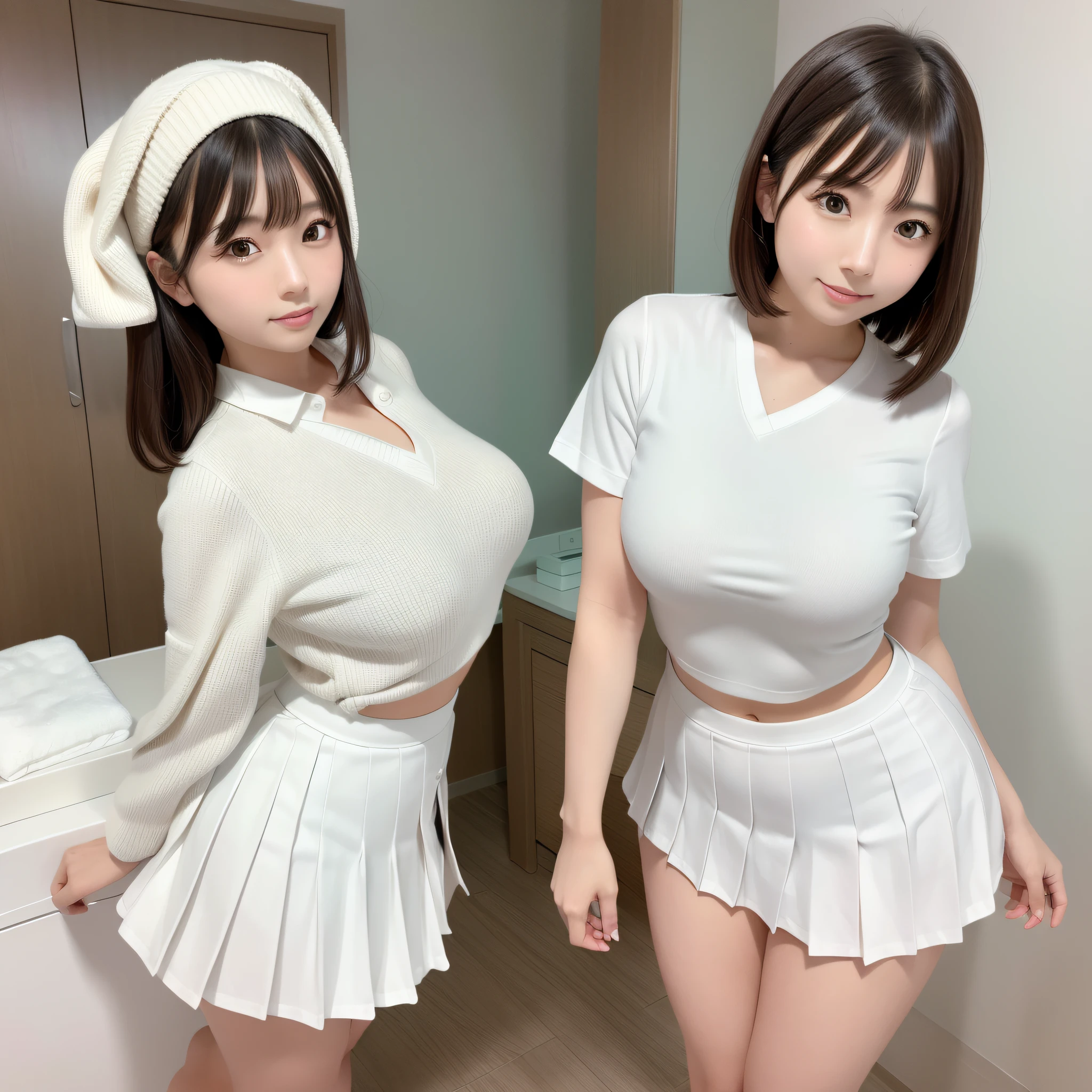 Araffe Japanese model, white dress, inch shirt, pleated miniskirt, hyperrealistic, menstrual period, switching from dirty feminine tampons to a new pad, in the bathroom,