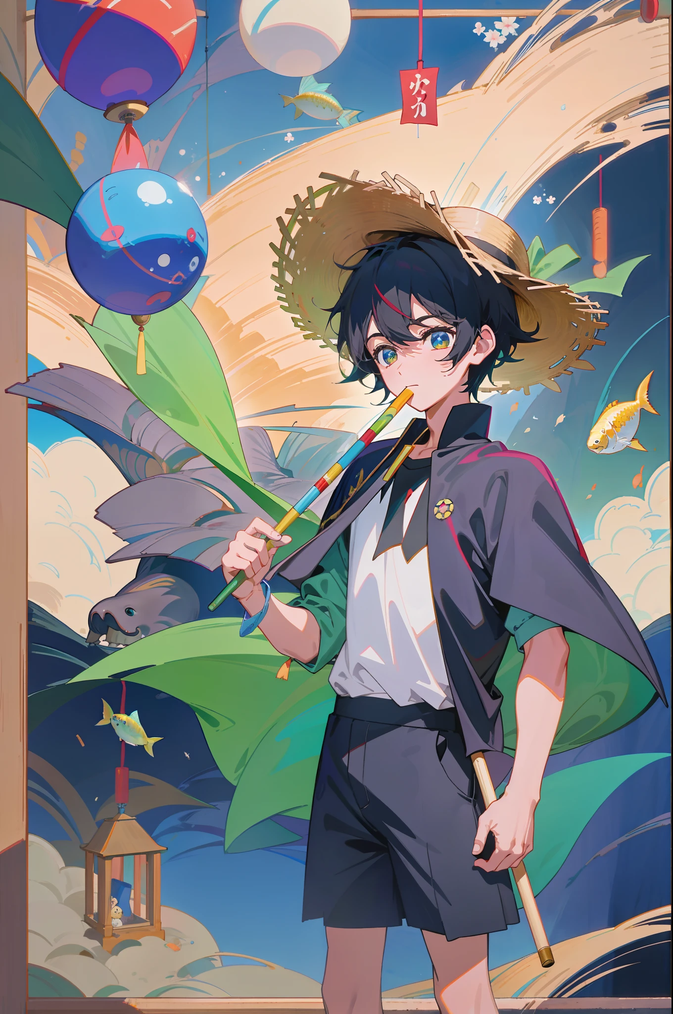 The black-haired male pupil, a , short-sleeved shorts, wearing a long cape, a straw hat with two streamers and countless wind chimes, and a green flute sits on the back of a huge fish made of water, leading more fish behind him