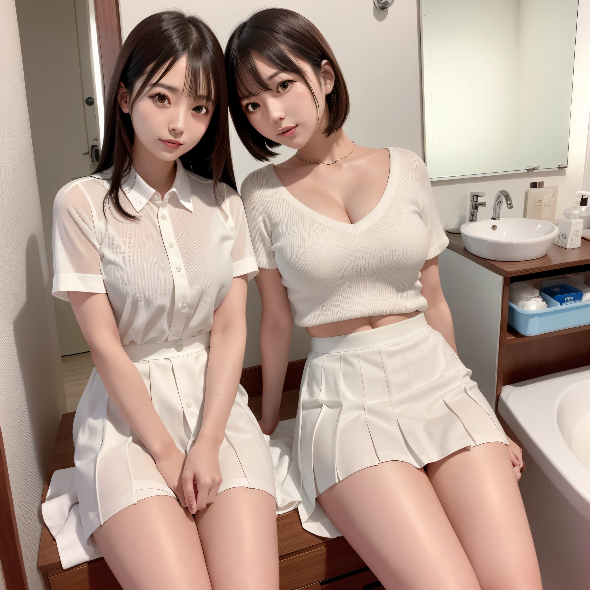 Araffe Japanese model, white dress, inch shirt, pleated miniskirt, hyperrealistic, menstrual period, switching from dirty feminine tampons to a new pad, in the bathroom,