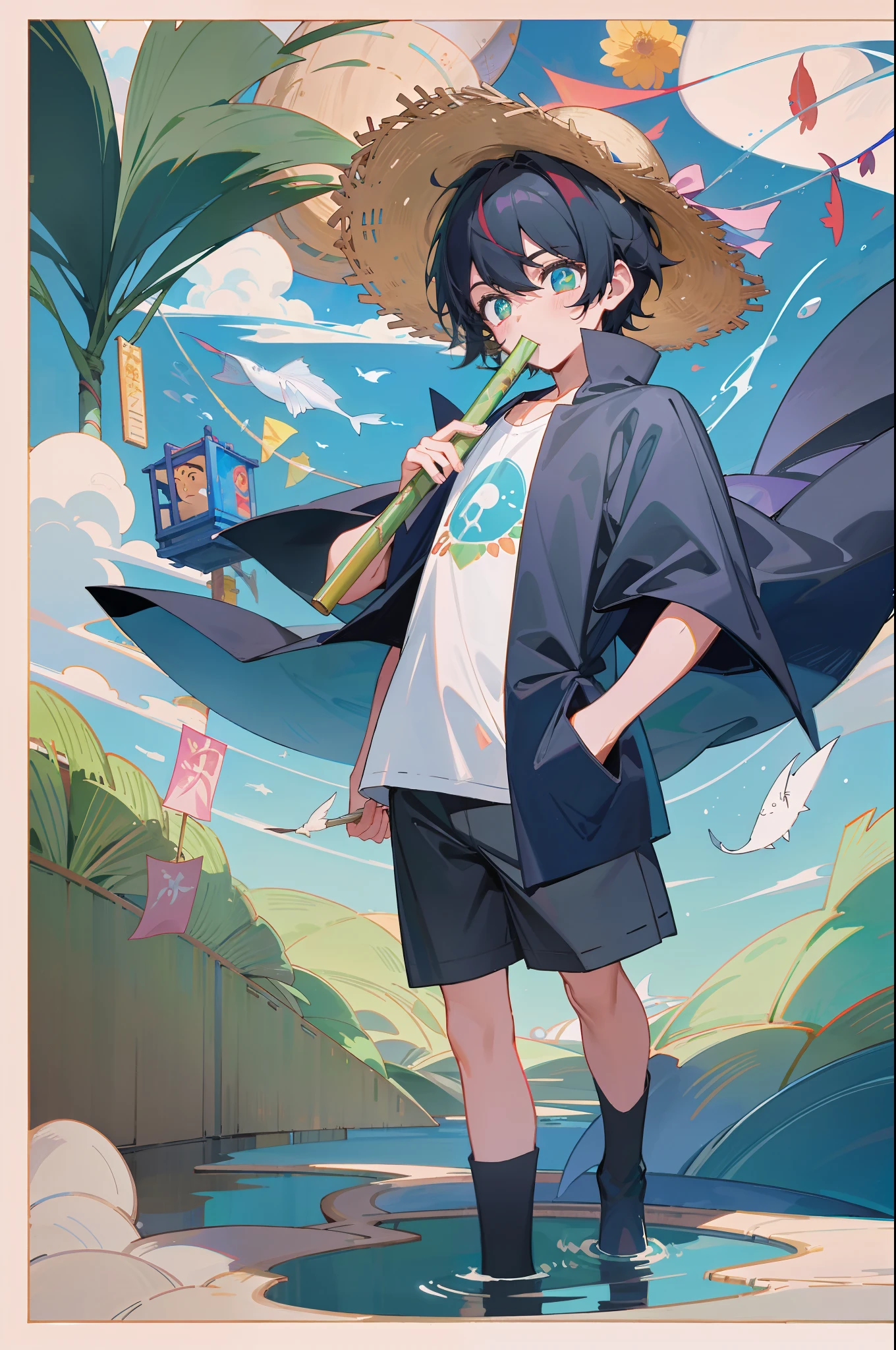 The black-haired male pupil, a little boy, short-sleeved shorts, wearing a long cape, a straw hat with two streamers and countless wind chimes, and a green flute sits on the back of a huge fish made of water, leading more fish behind him