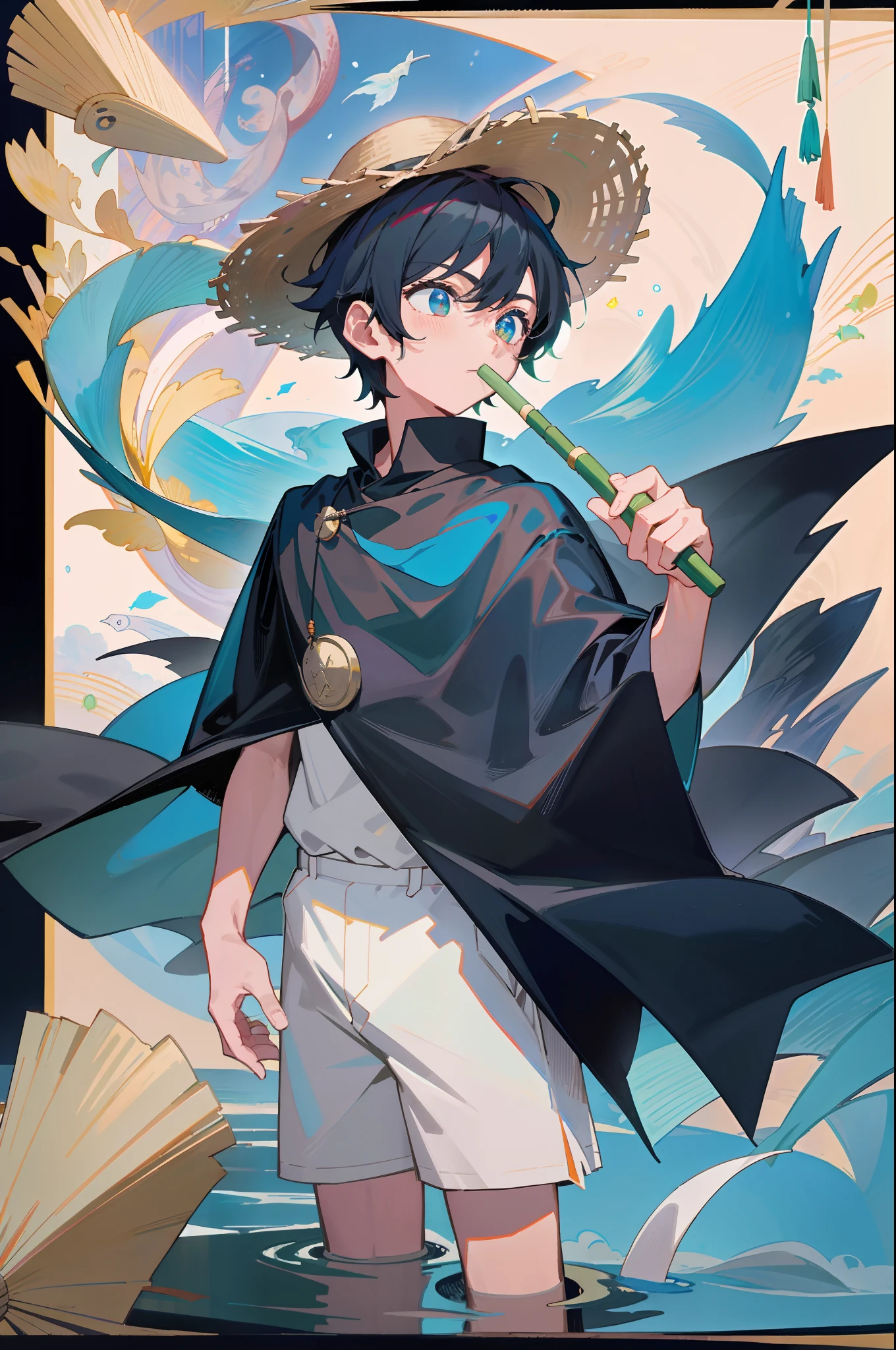 The black-haired male pupil, a **********, short-sleeved shorts, wearing a long cape, a straw hat with two streamers and countless wind chimes, and a green flute sits on the back of a huge fish made of water, leading more fish behind him