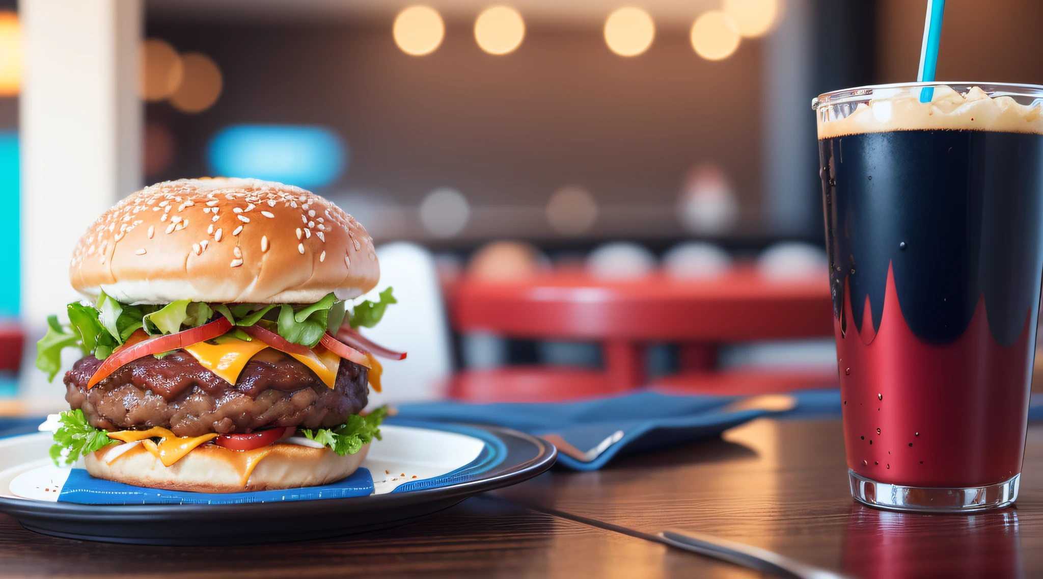 Table of a restaurant with hamburger, soda and fries, in the background a modern restaurant with details in blue and red. Modern restaurant background with blue and red details, 8k uhd, dslr, soft lighting, high quality, film grain, Fujifilm XT3
